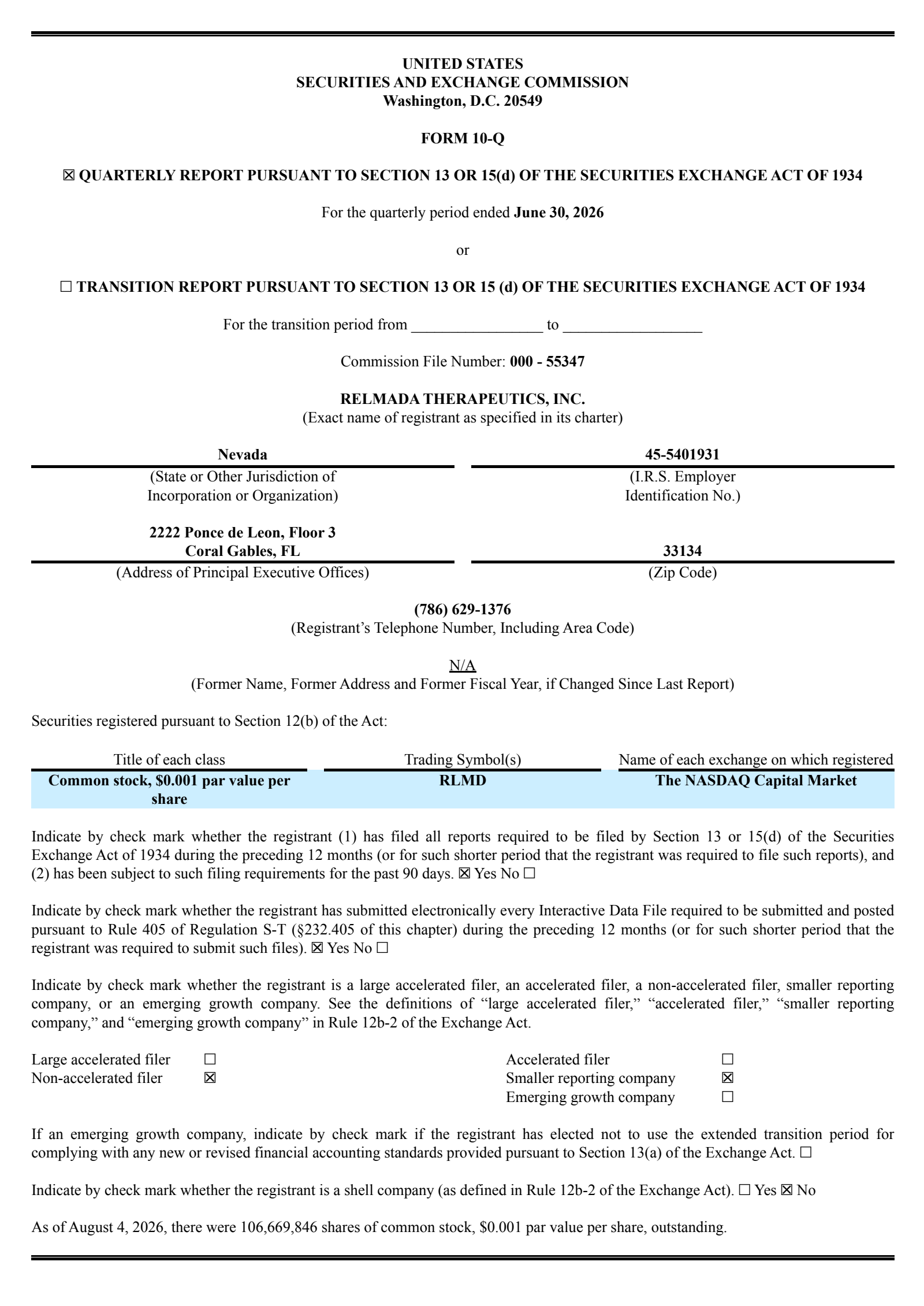 Relmada Therapeutics' Q2 2026 Quarterly report