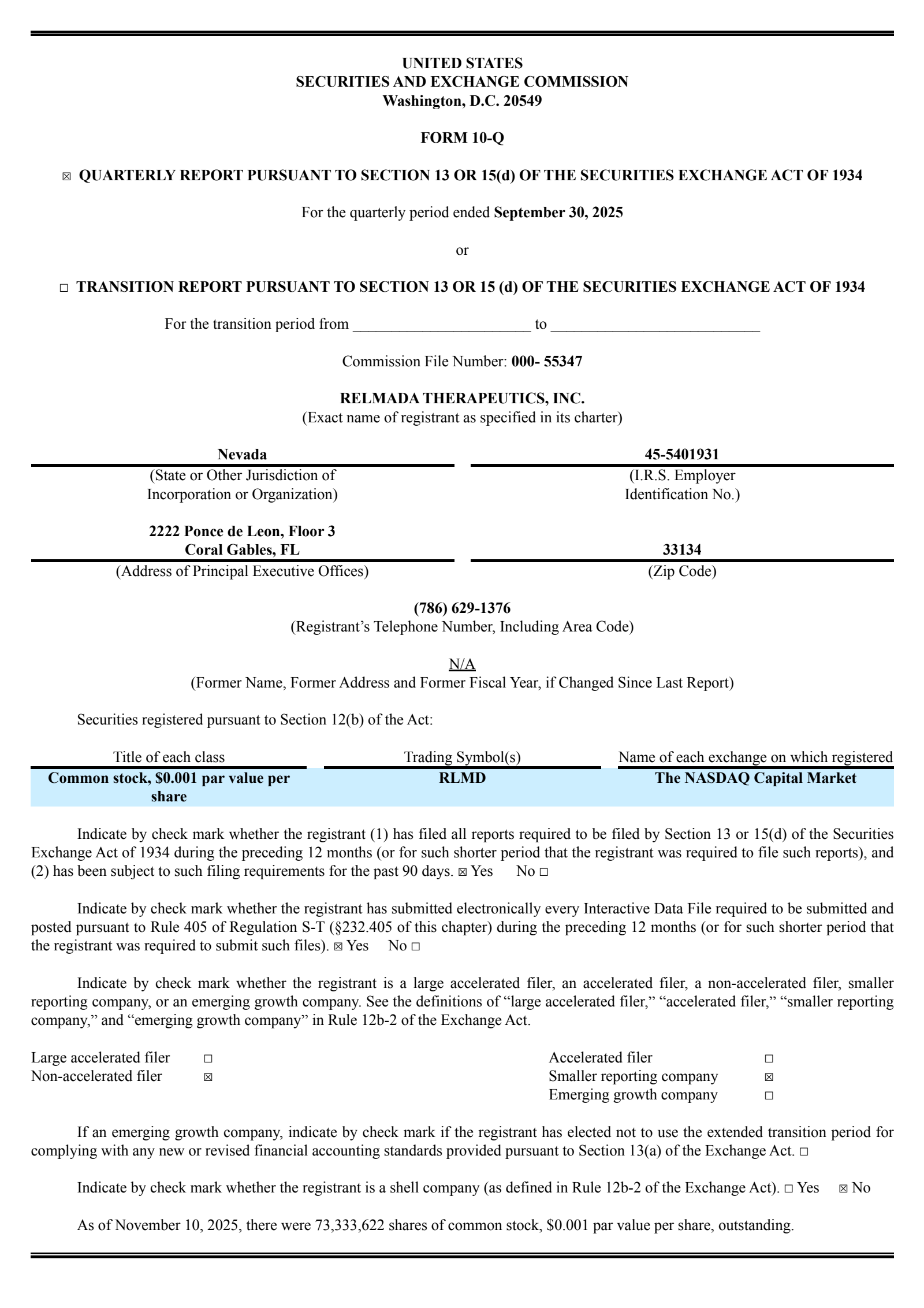 Relmada Therapeutics' Q3 2025 Quarterly Report