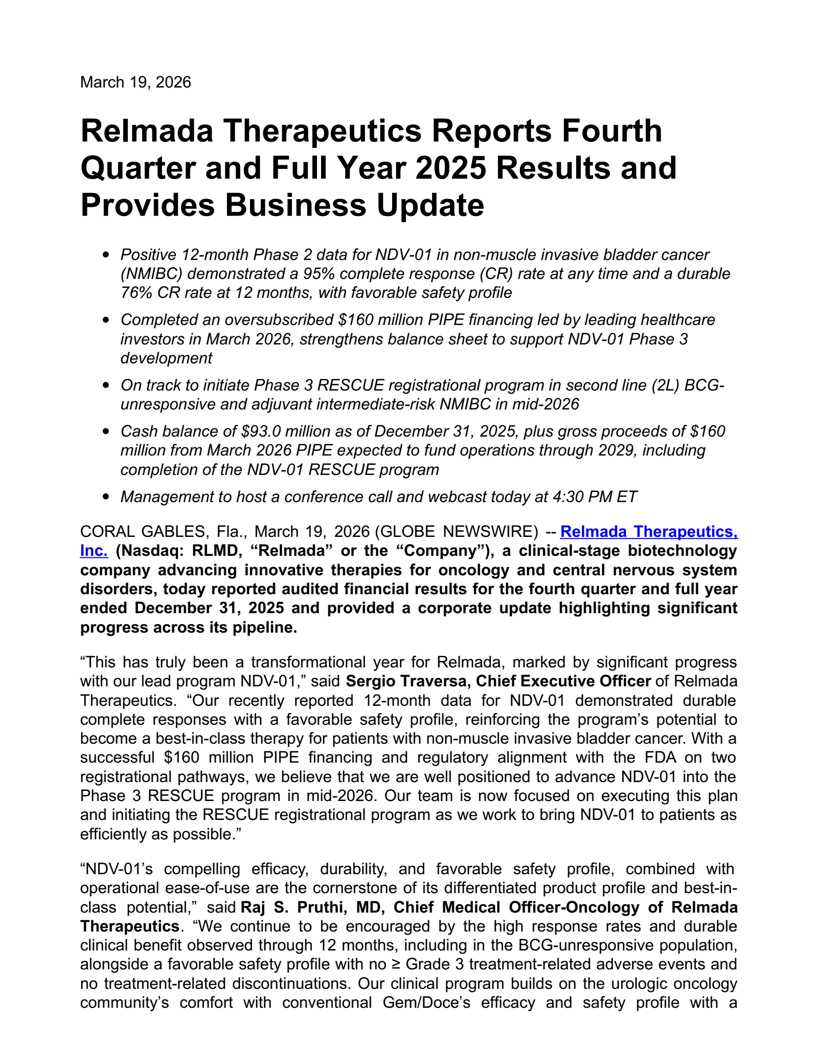 Relmada Therapeutics' Q4 2025 Press Release
