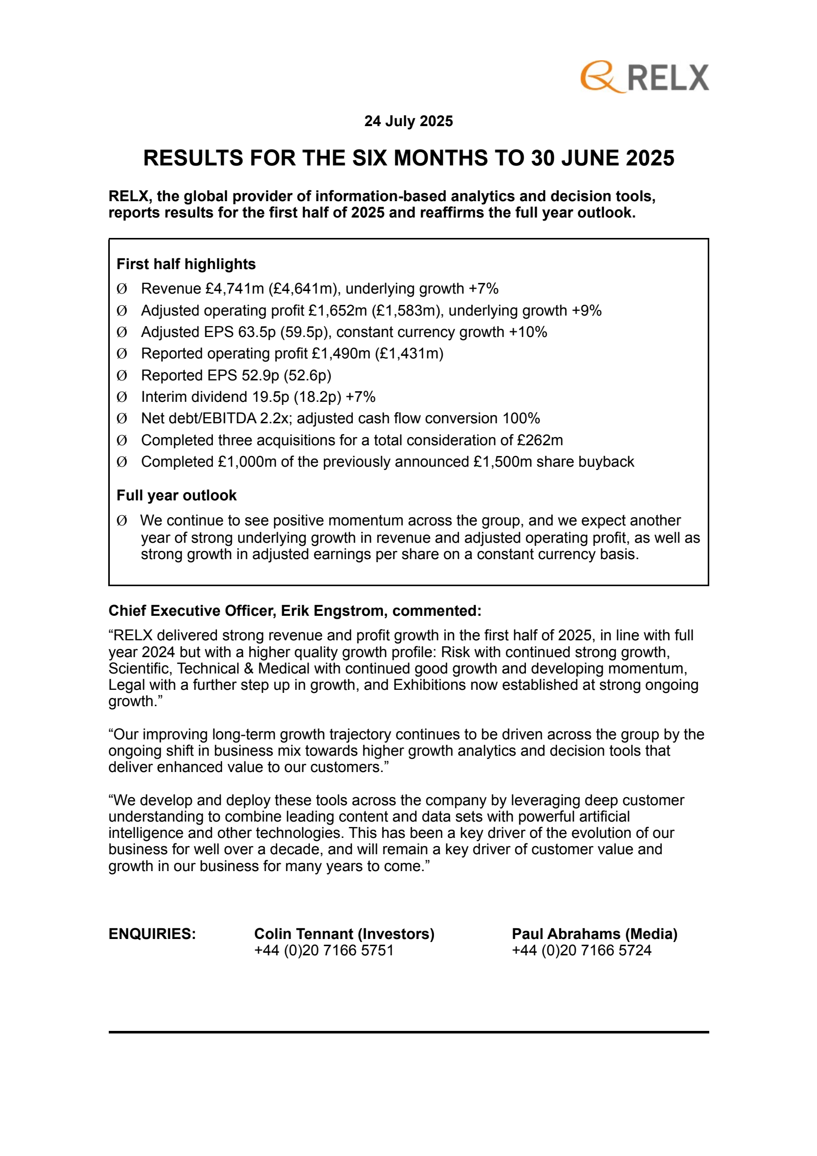Relx's H1 2025 Press Release