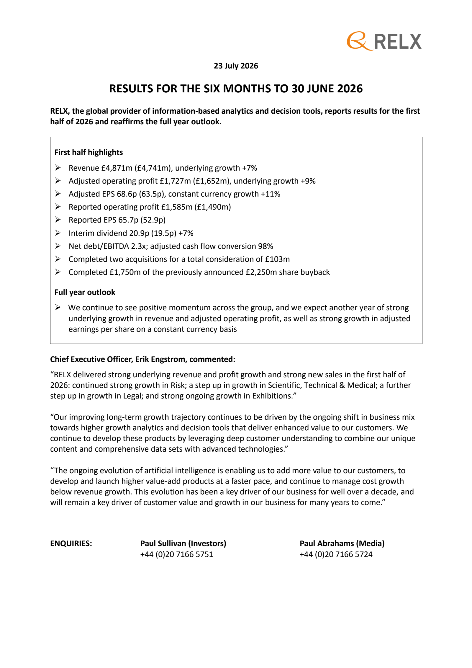 Relx's H1 2026 Interim report