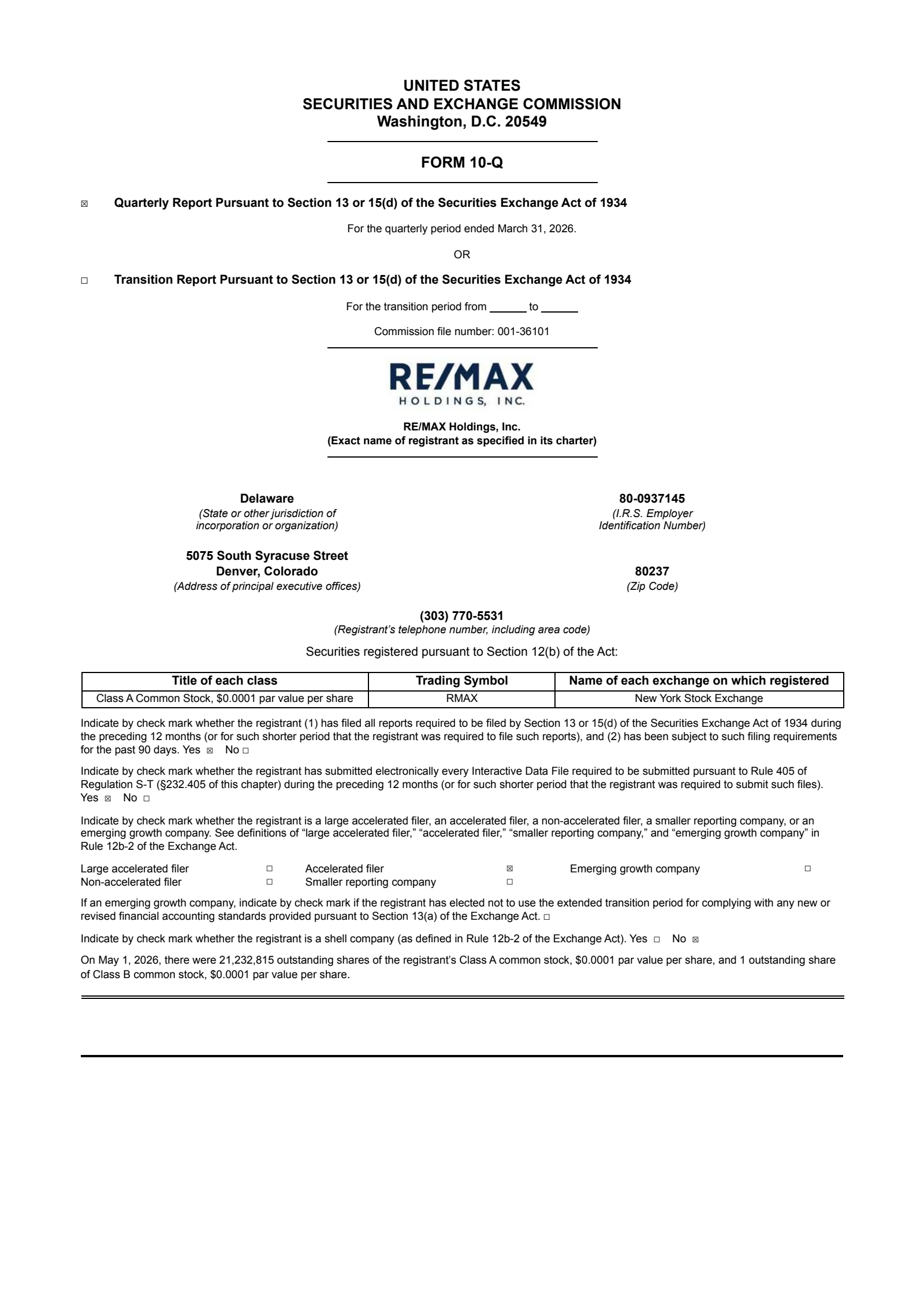 RE/MAX's Q1 2026 Quarterly report