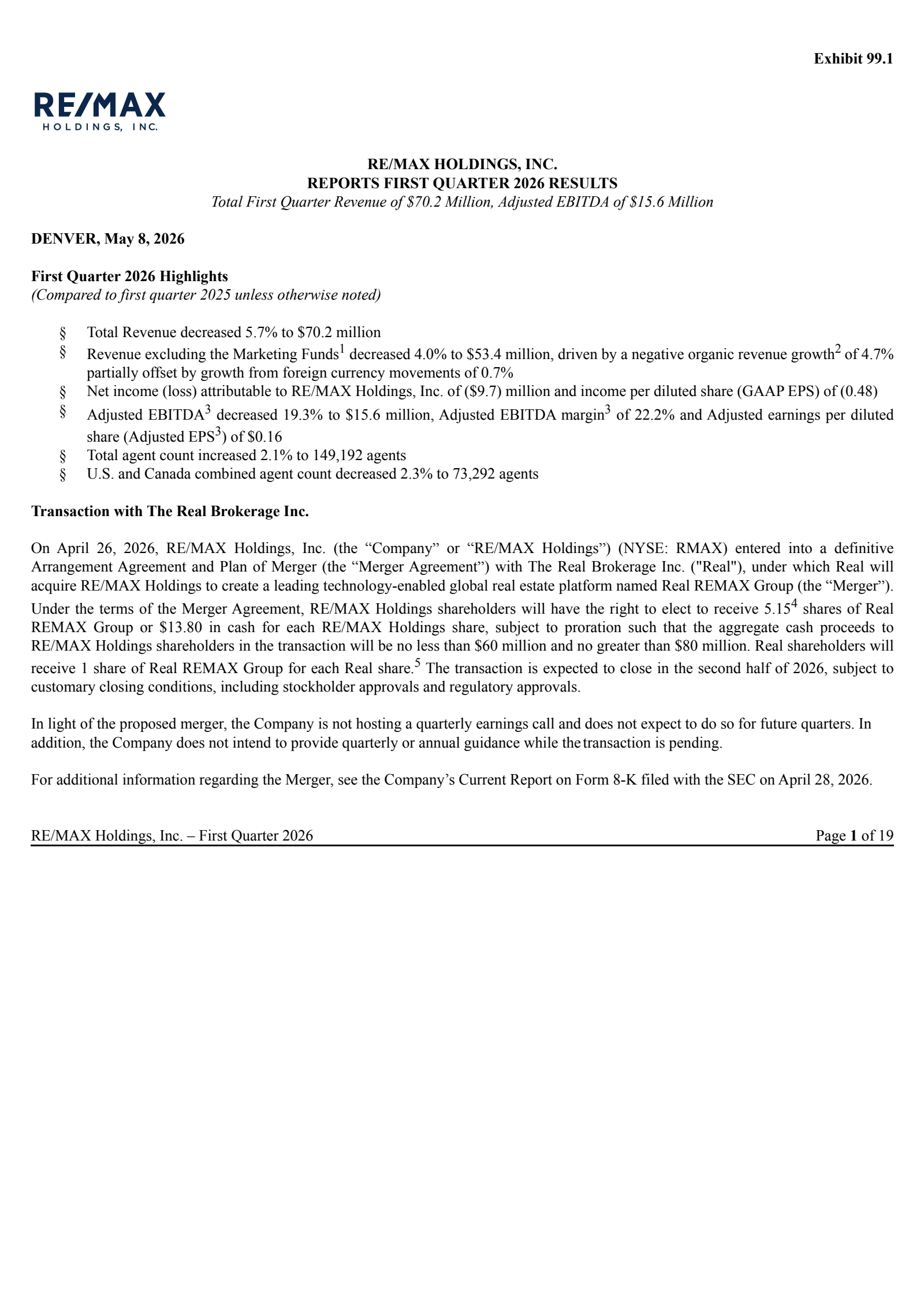 RE/MAX's Q1 2026 Press Release
