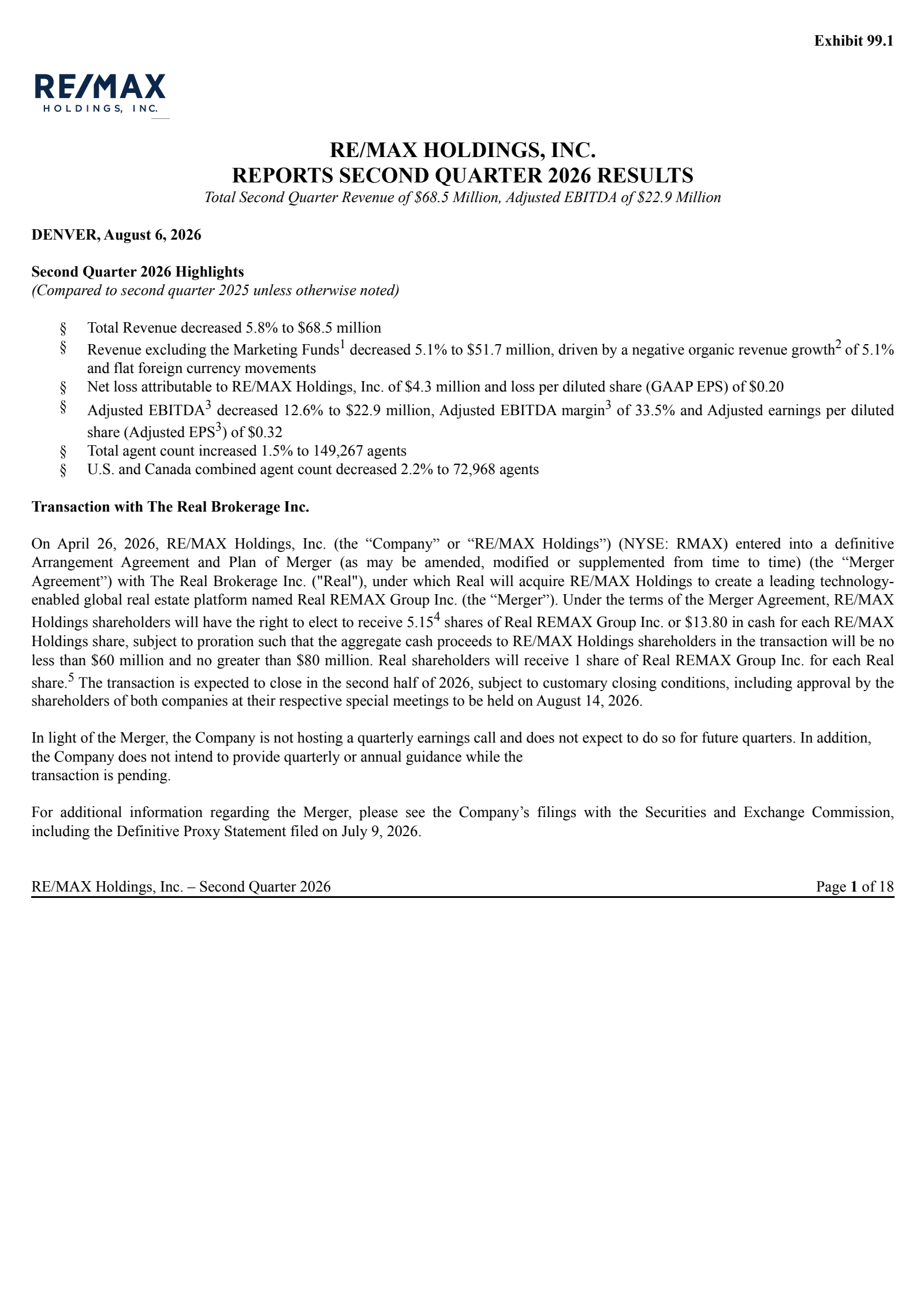 RE/MAX's Q2 2026 Press Release