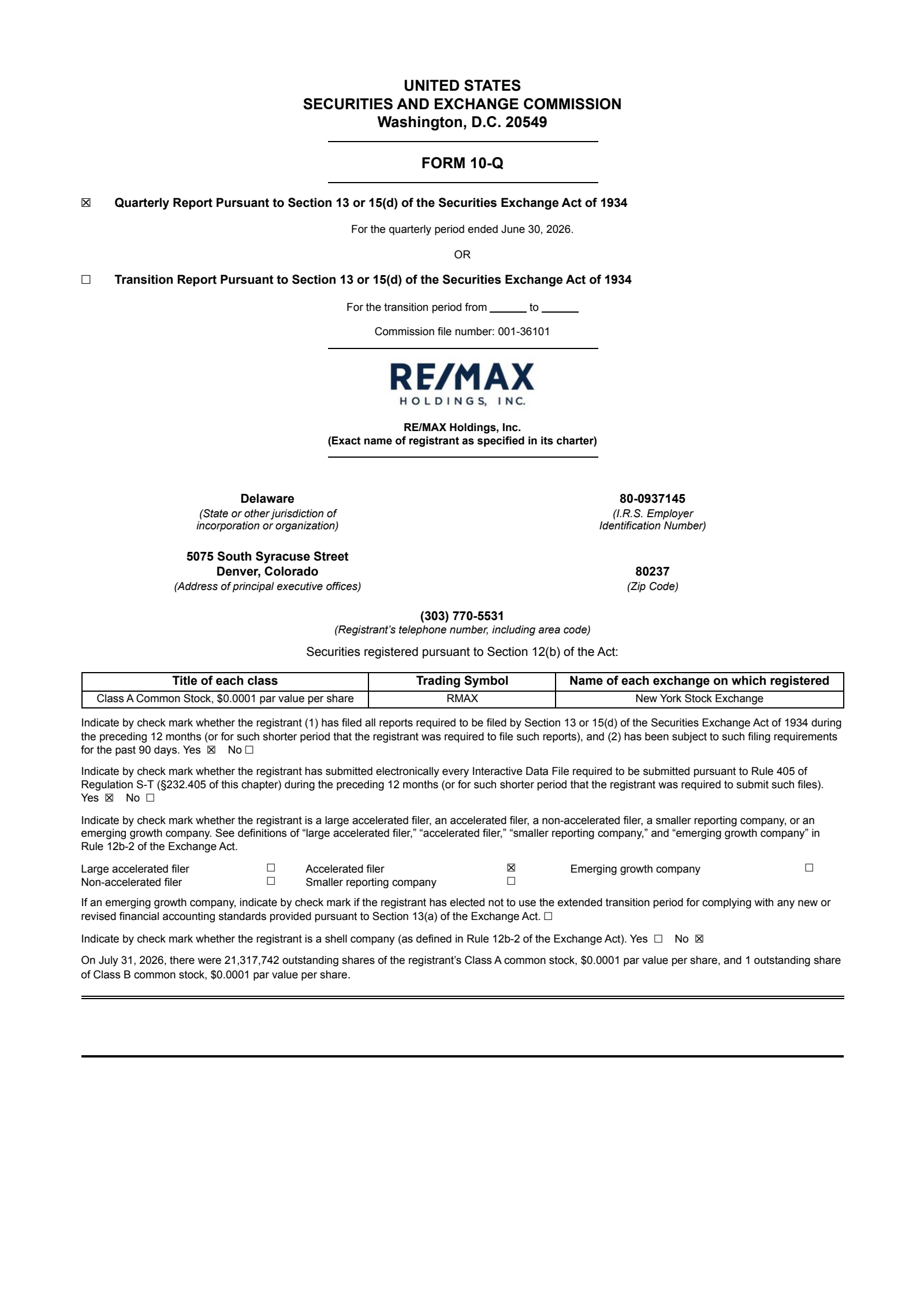 RE/MAX's Q2 2026 Quarterly report
