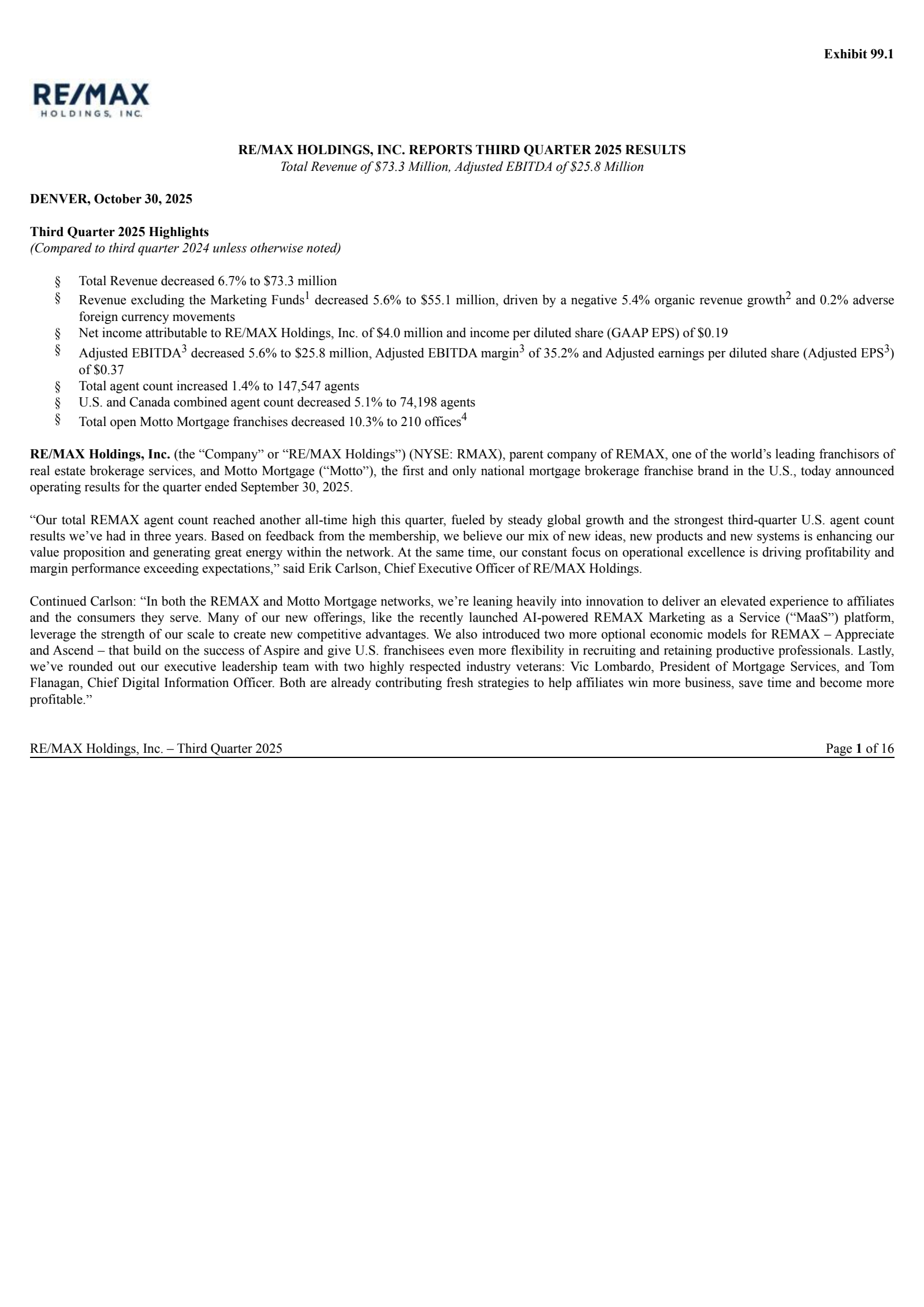 RE/MAX's Q3 2025 Earnings Release
