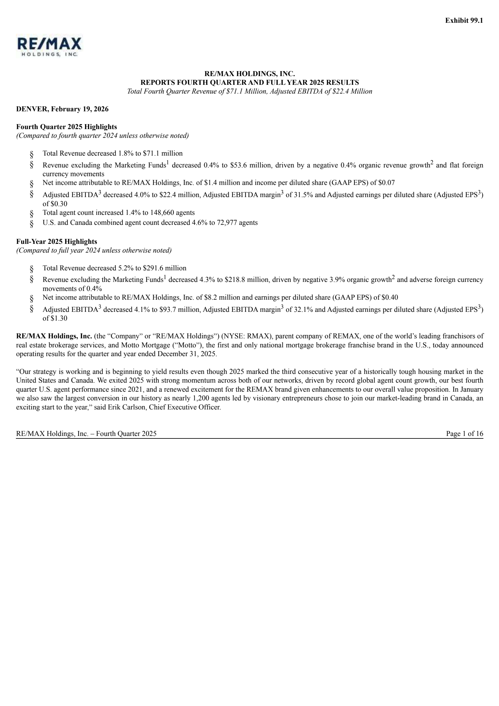 RE/MAX's Q4 2025 Press Release