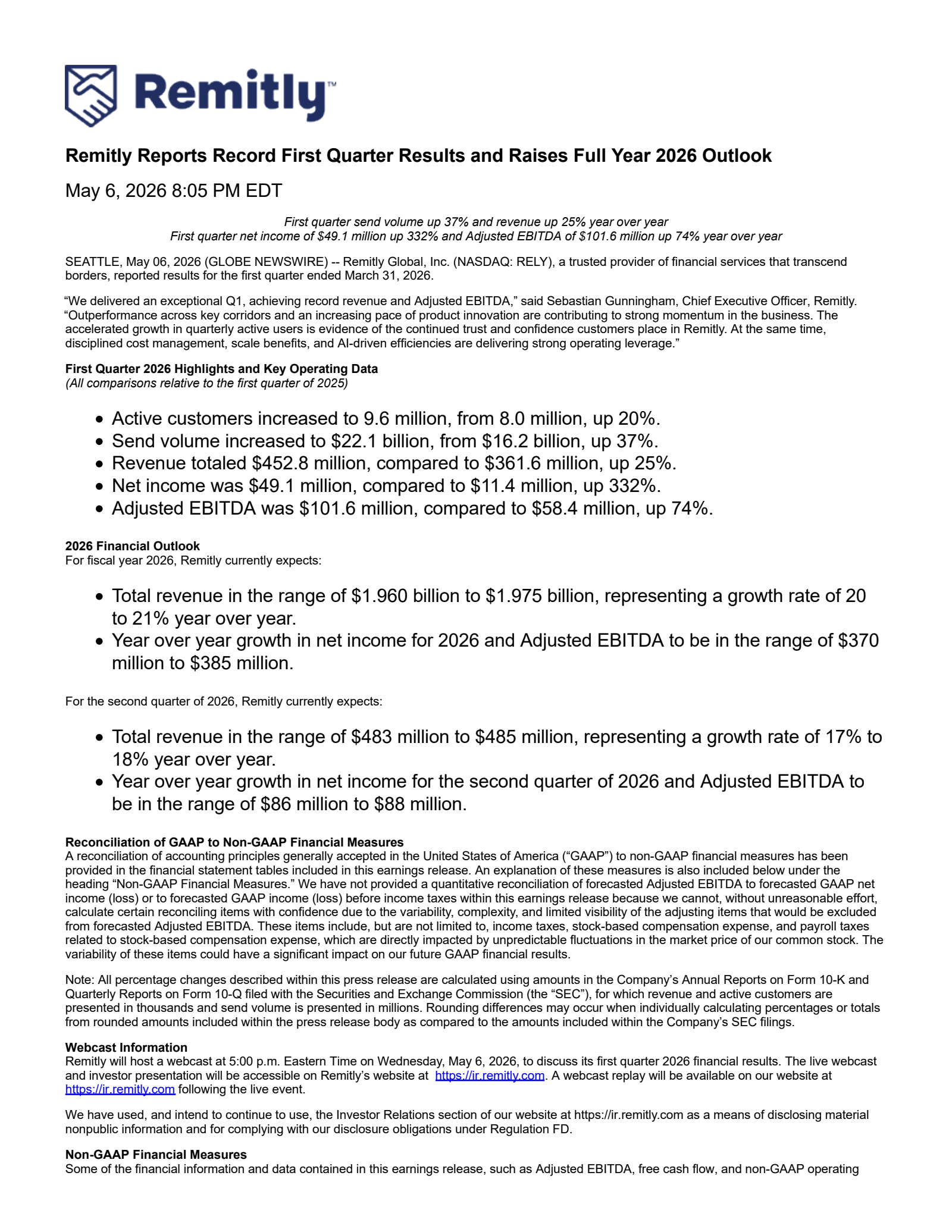 Remitly Global's Q1 2026 Press Release