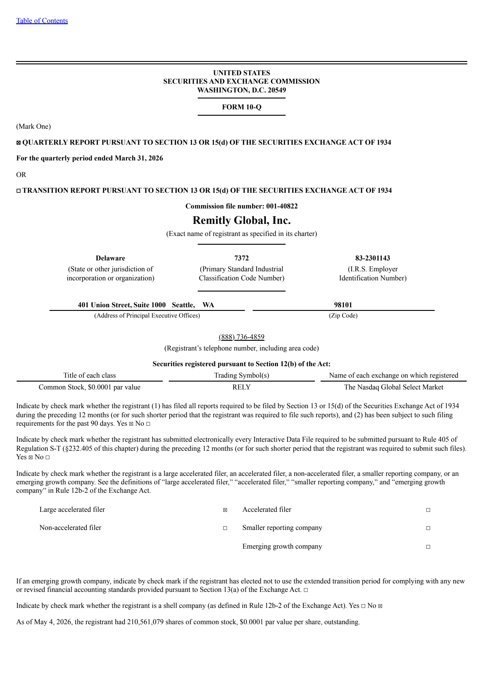 Remitly Global's Q1 2026 Quarterly report