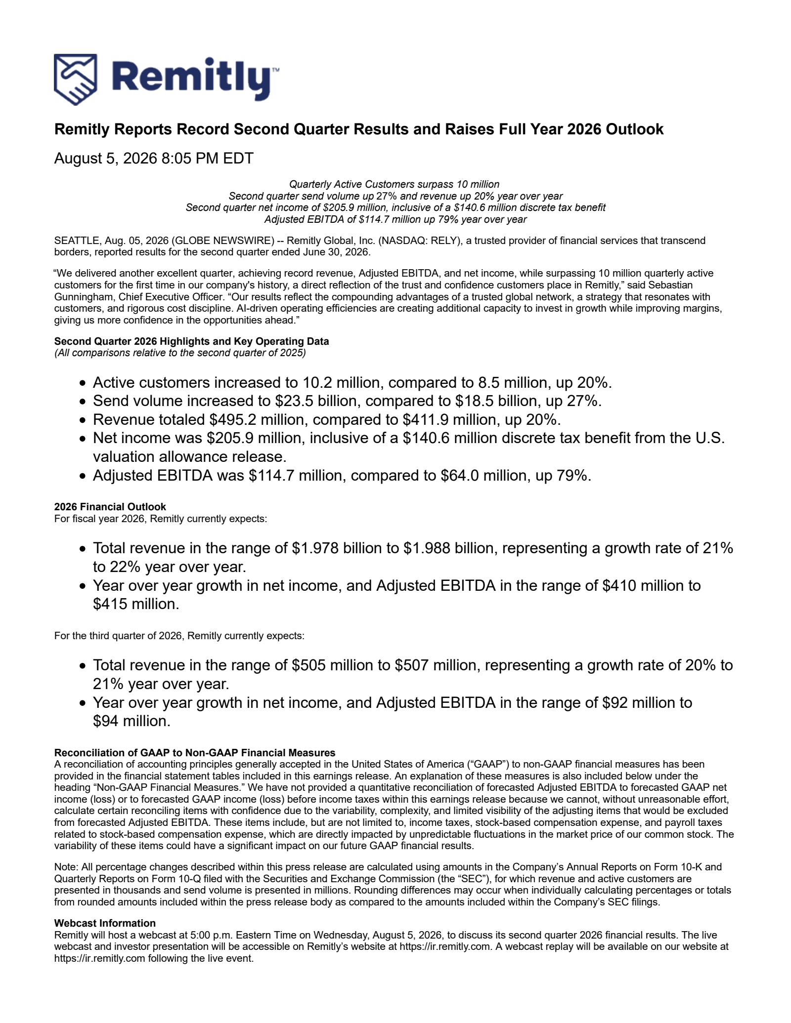 Remitly Global's Q2 2026 Press Release