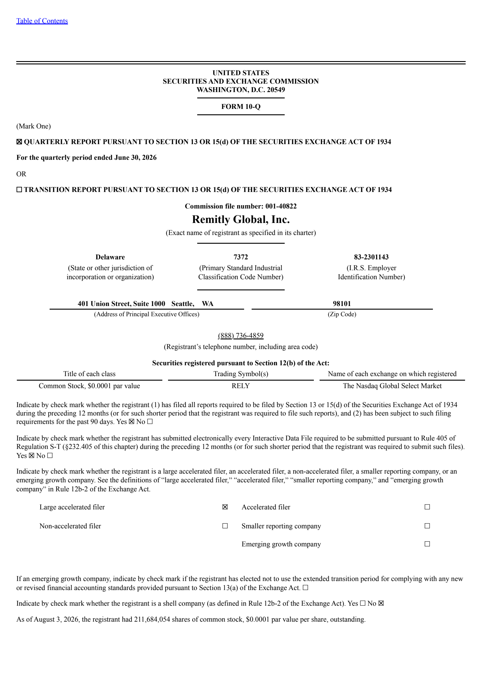Remitly Global's Q2 2026 Quarterly report