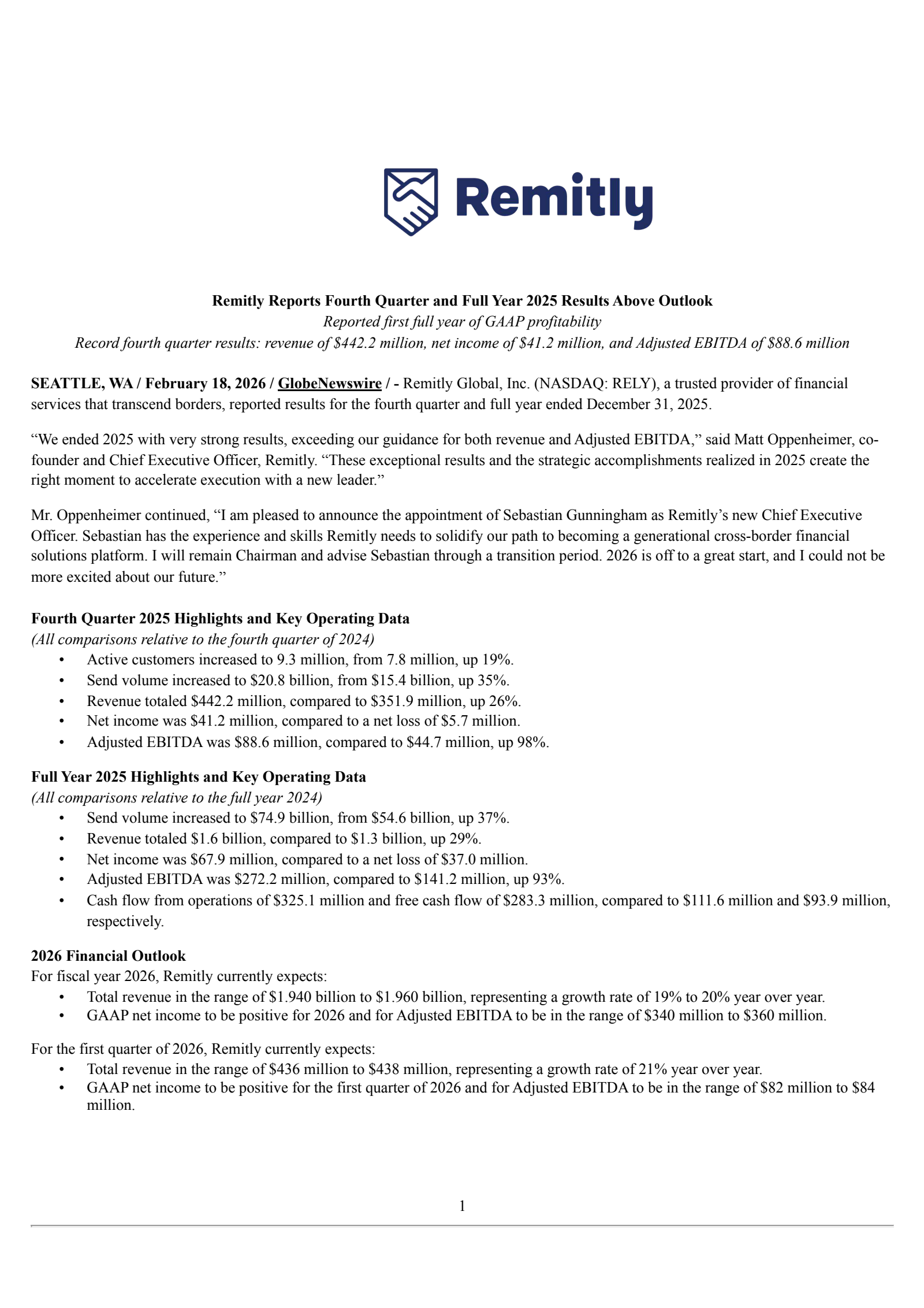 Remitly Global's Q4 2025 Press Release