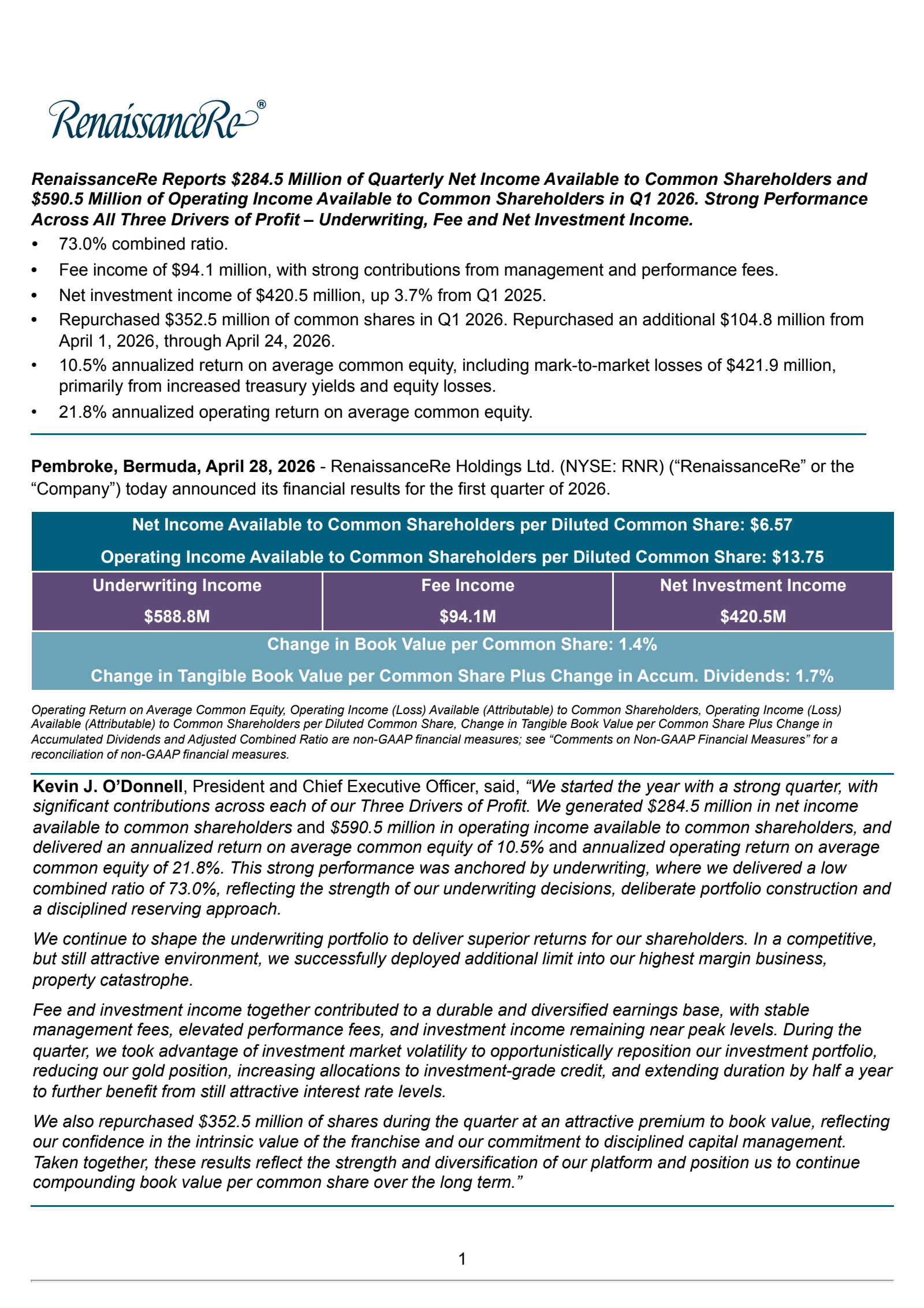 RenaissanceRe's Q1 2026 Press Release