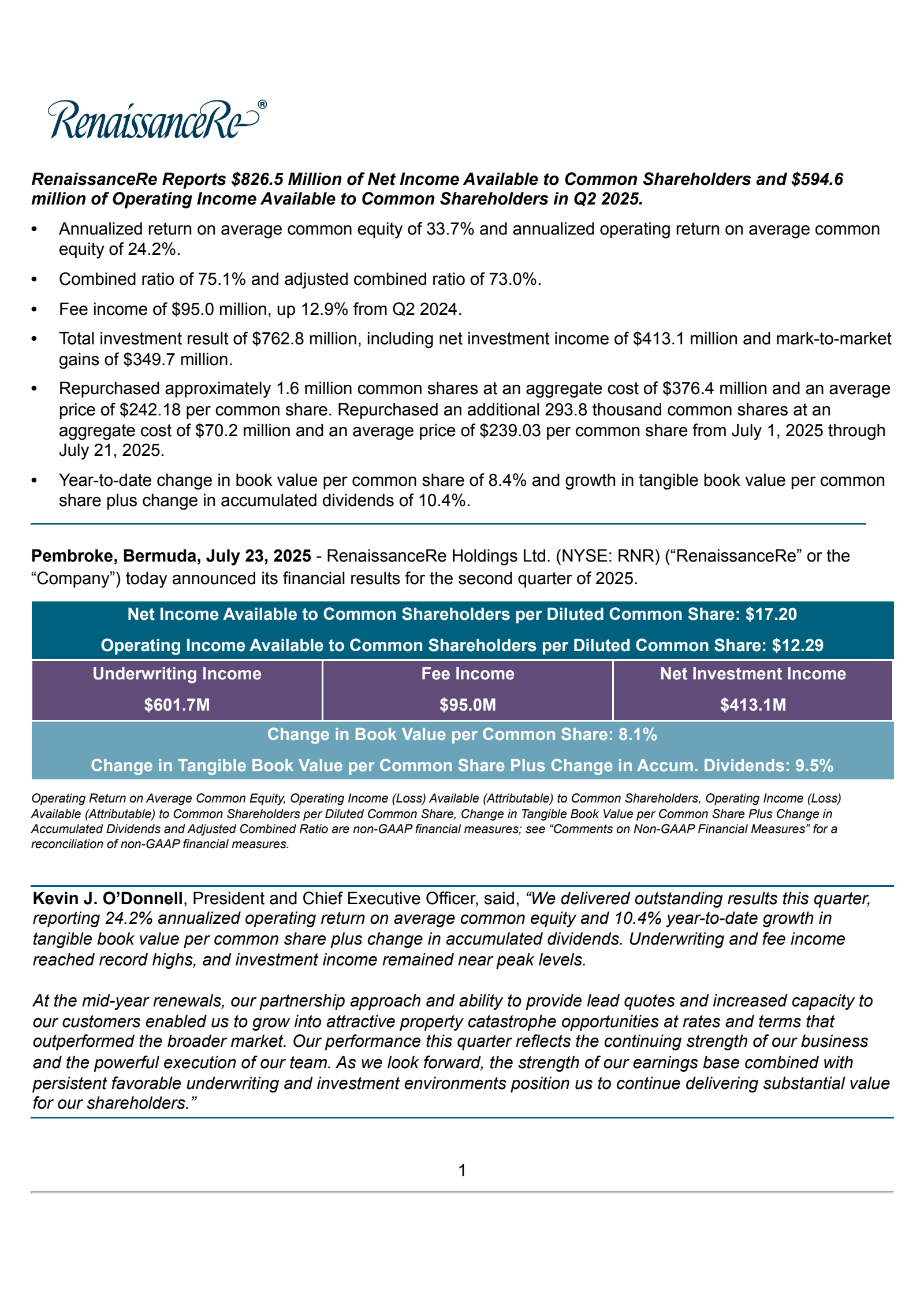RenaissanceRe's Q2 2025 Press Release