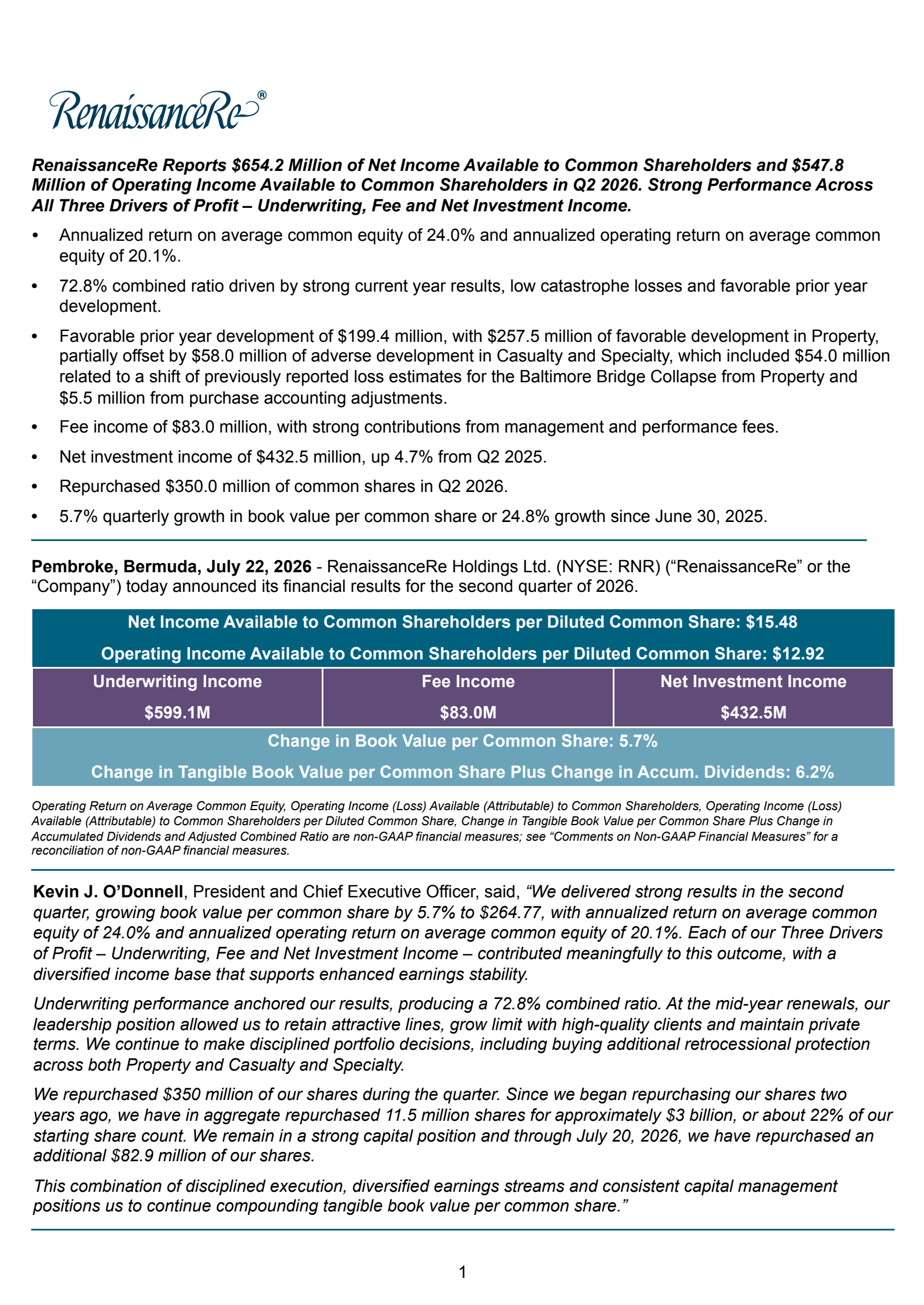 RenaissanceRe's Q2 2026 Press Release
