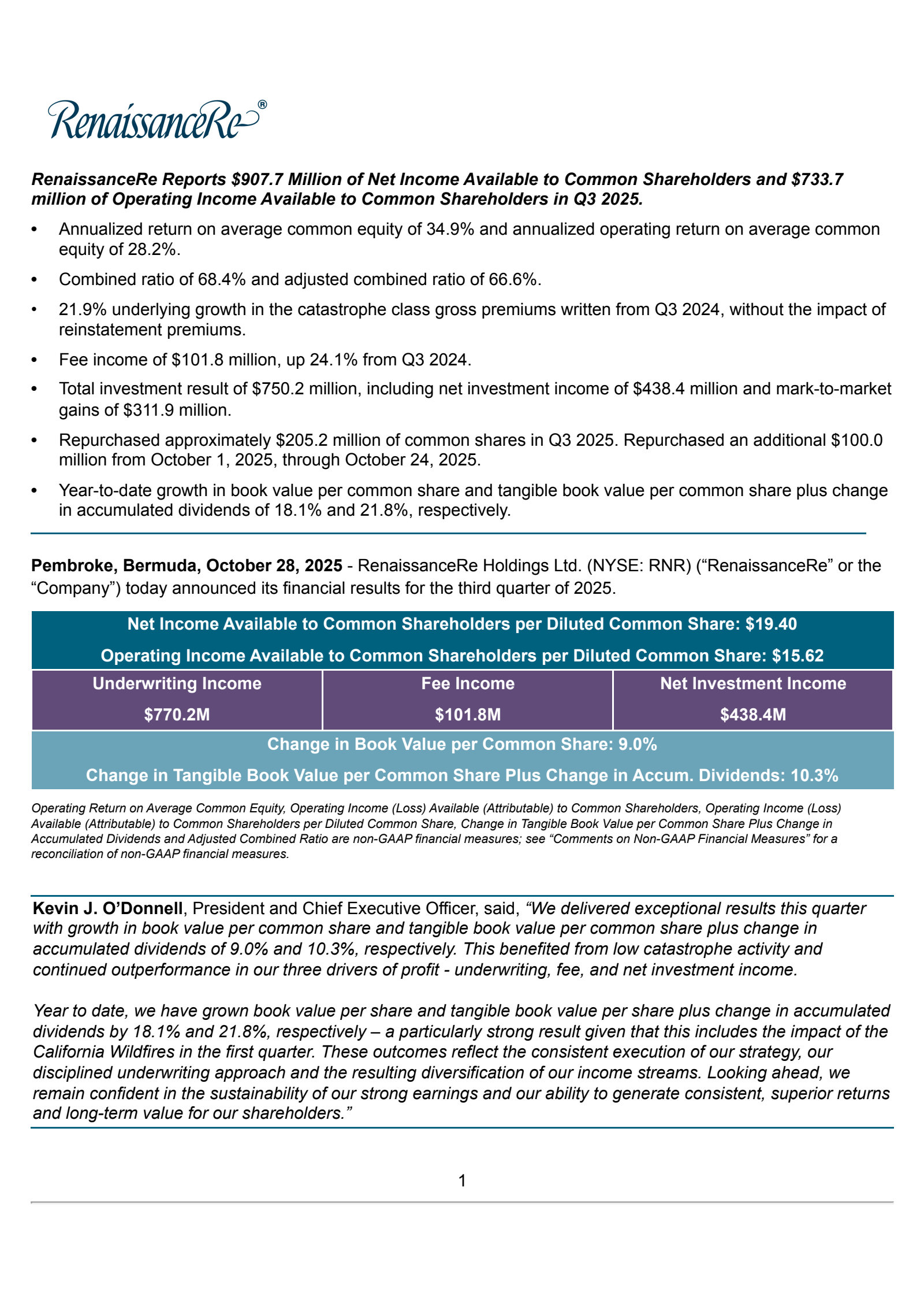 RenaissanceRe's Q3 2025 Earnings Release