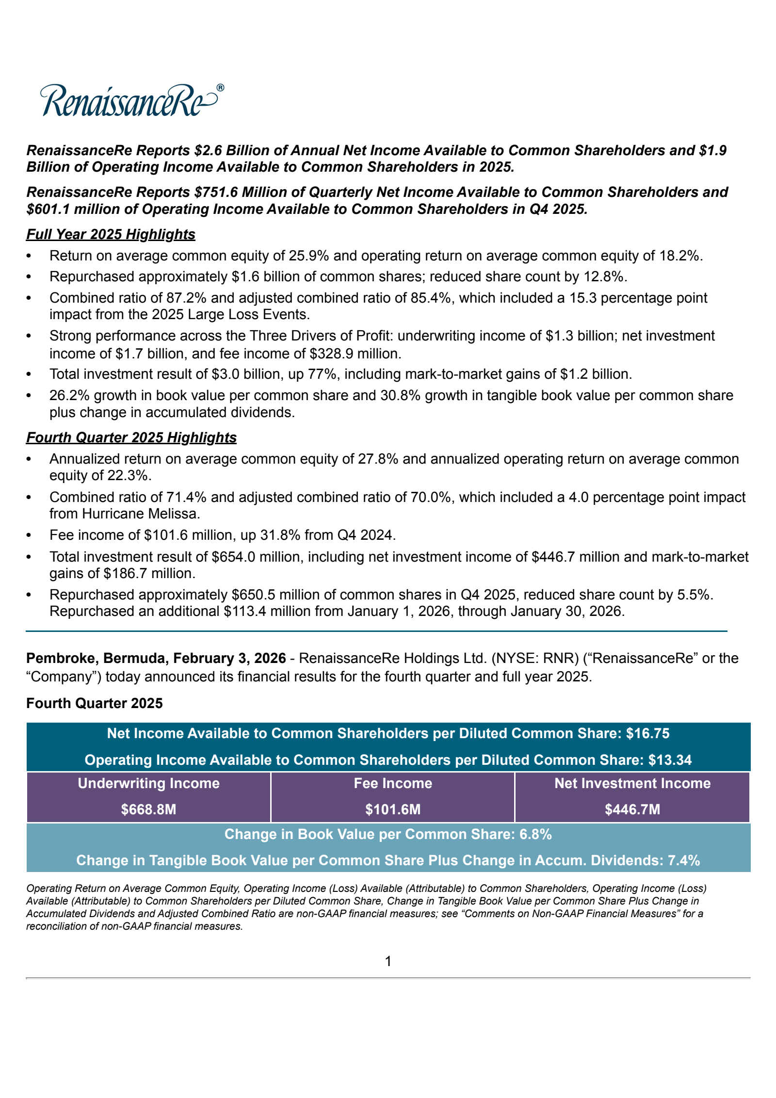 RenaissanceRe's Q4 2025 Press Release