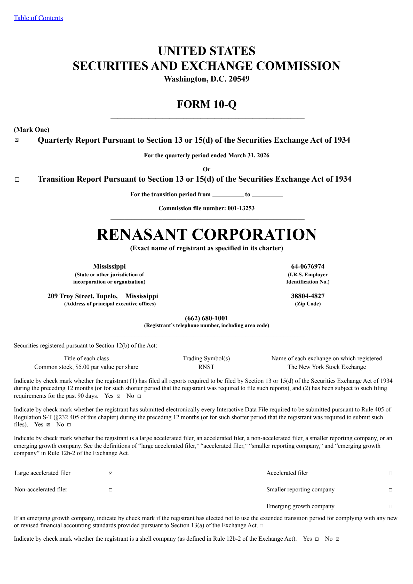 Renasant's Q1 2026 Quarterly report