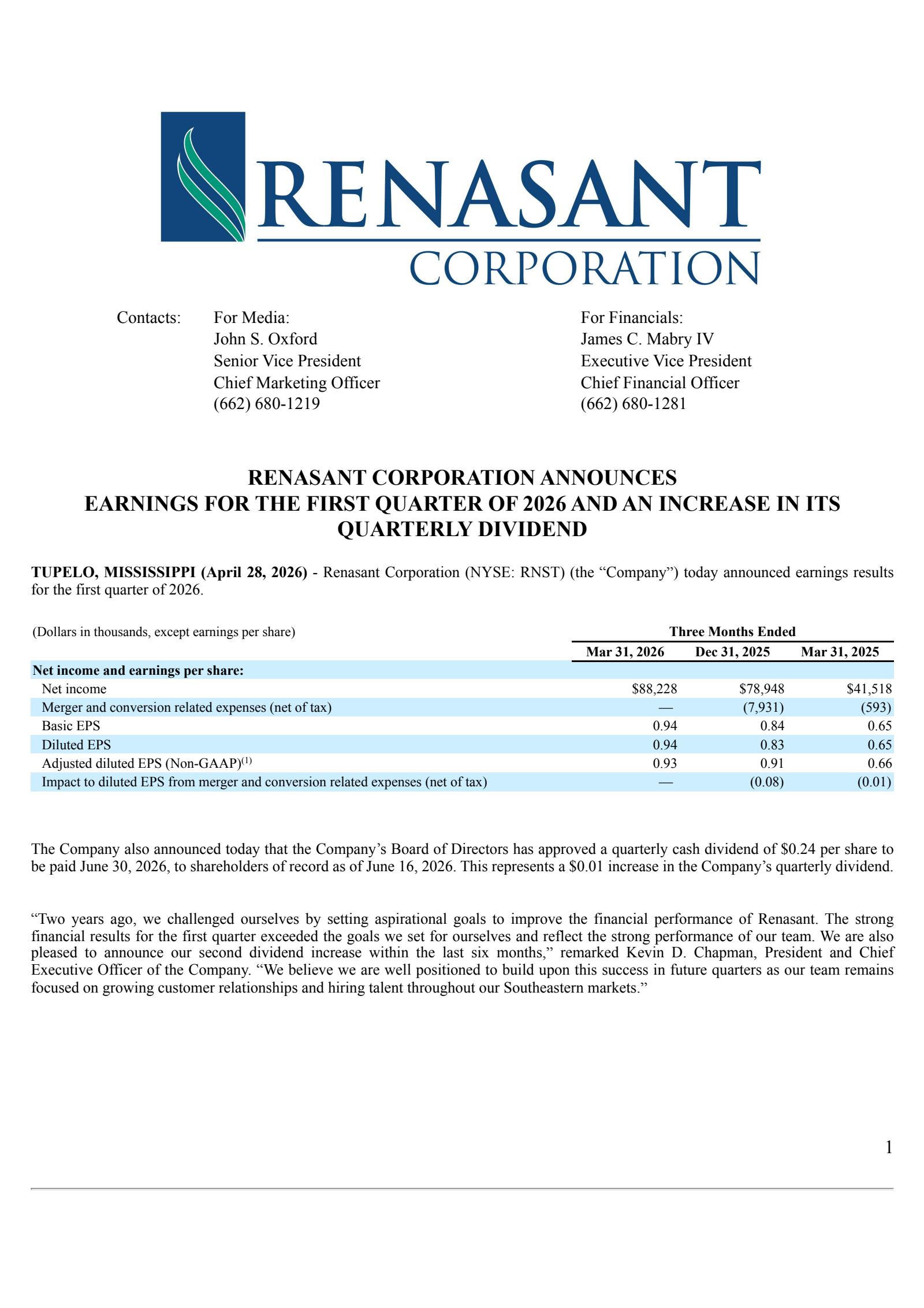 Renasant's Q1 2026 Press Release