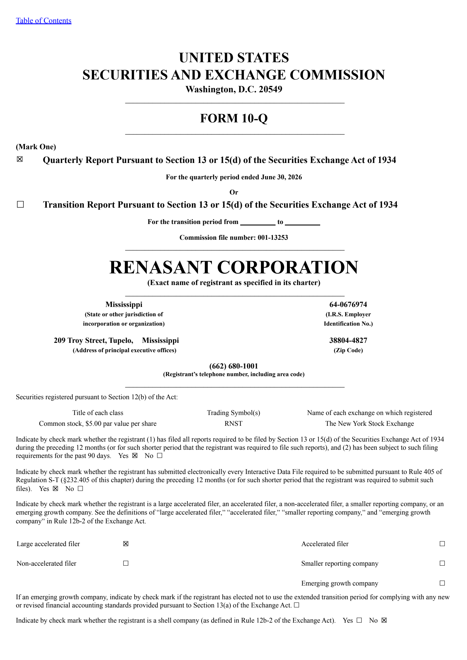 Renasant's Q2 2026 Quarterly report