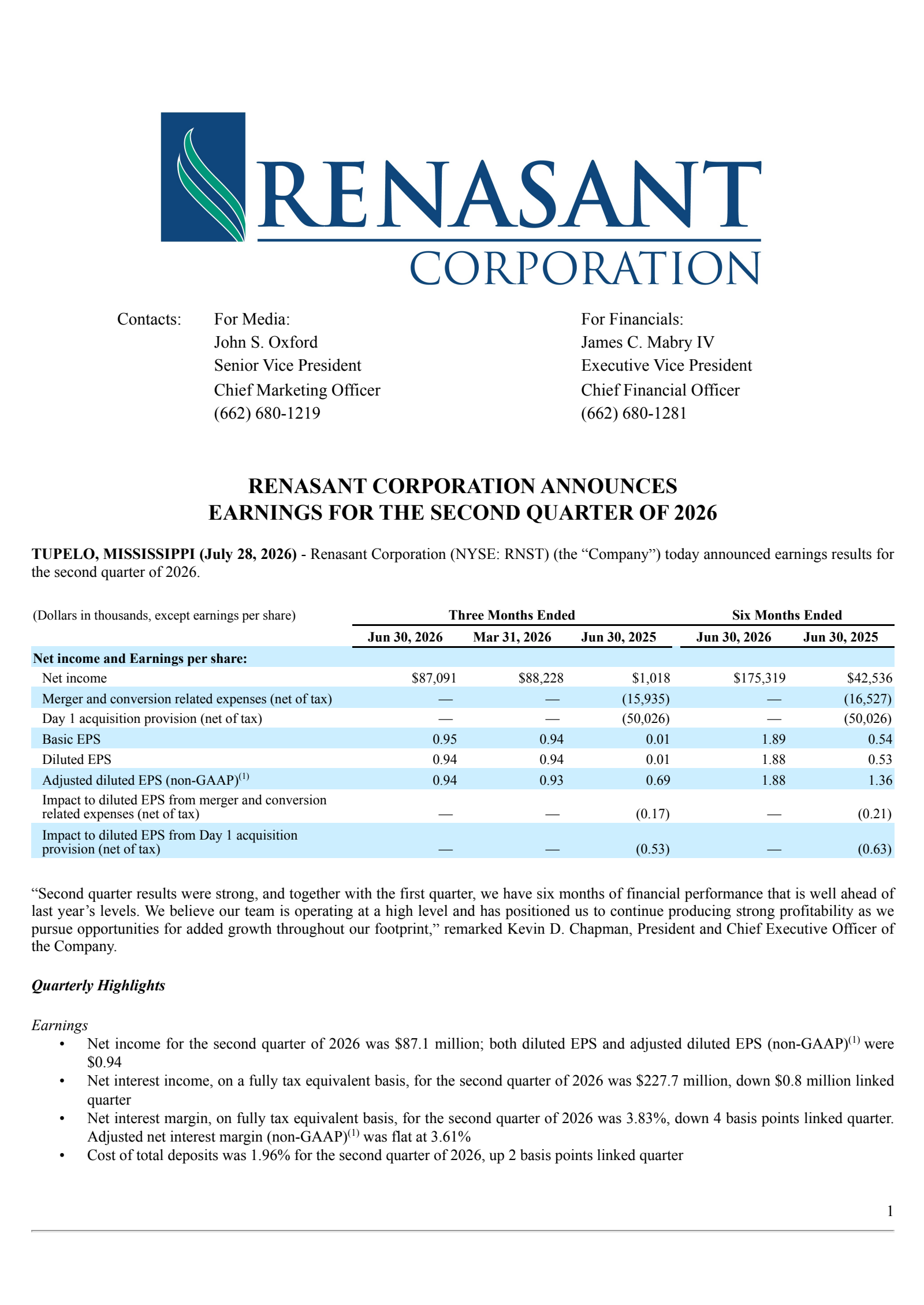 Renasant's Q2 2026 Press Release