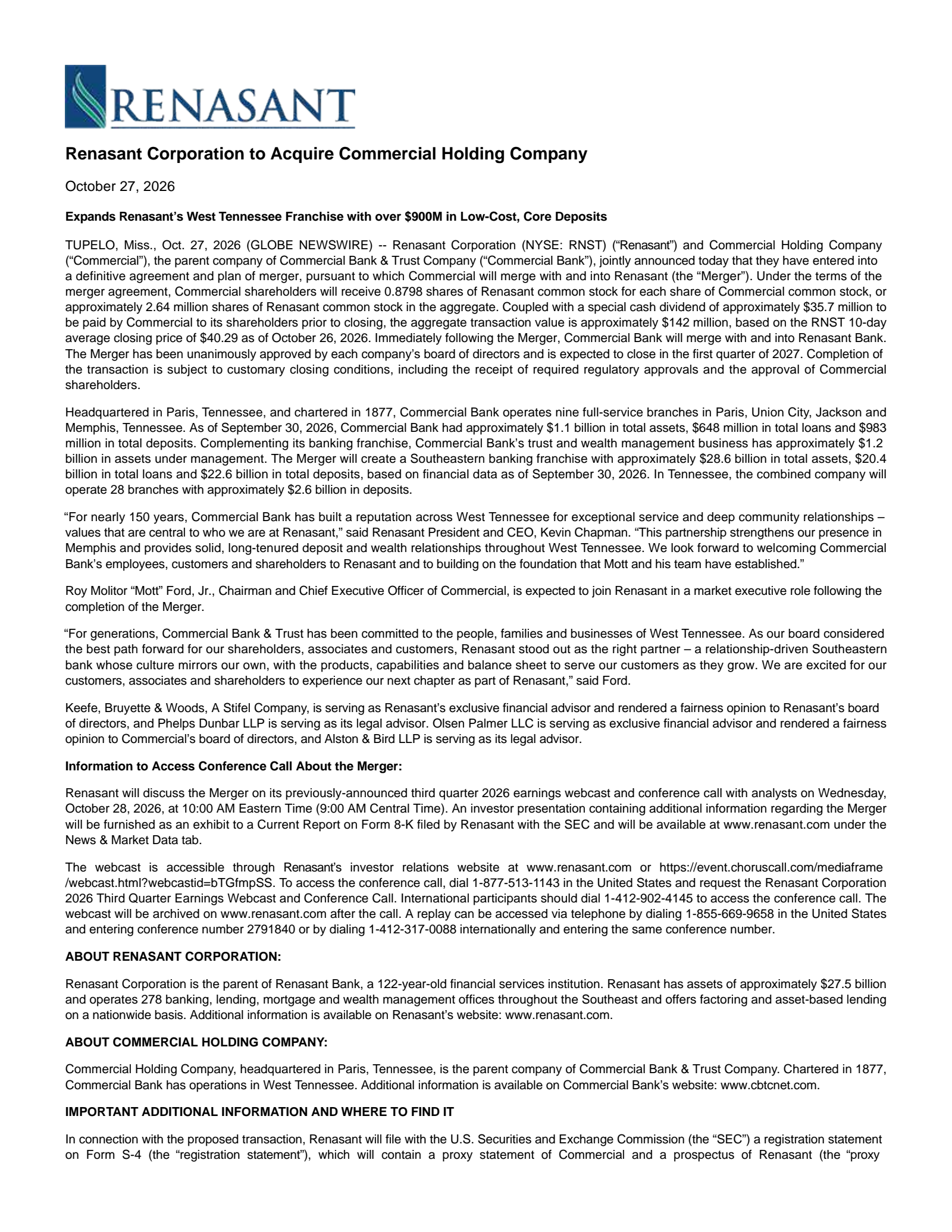Renasant's Q3 2026 & M&A Announcement Press release