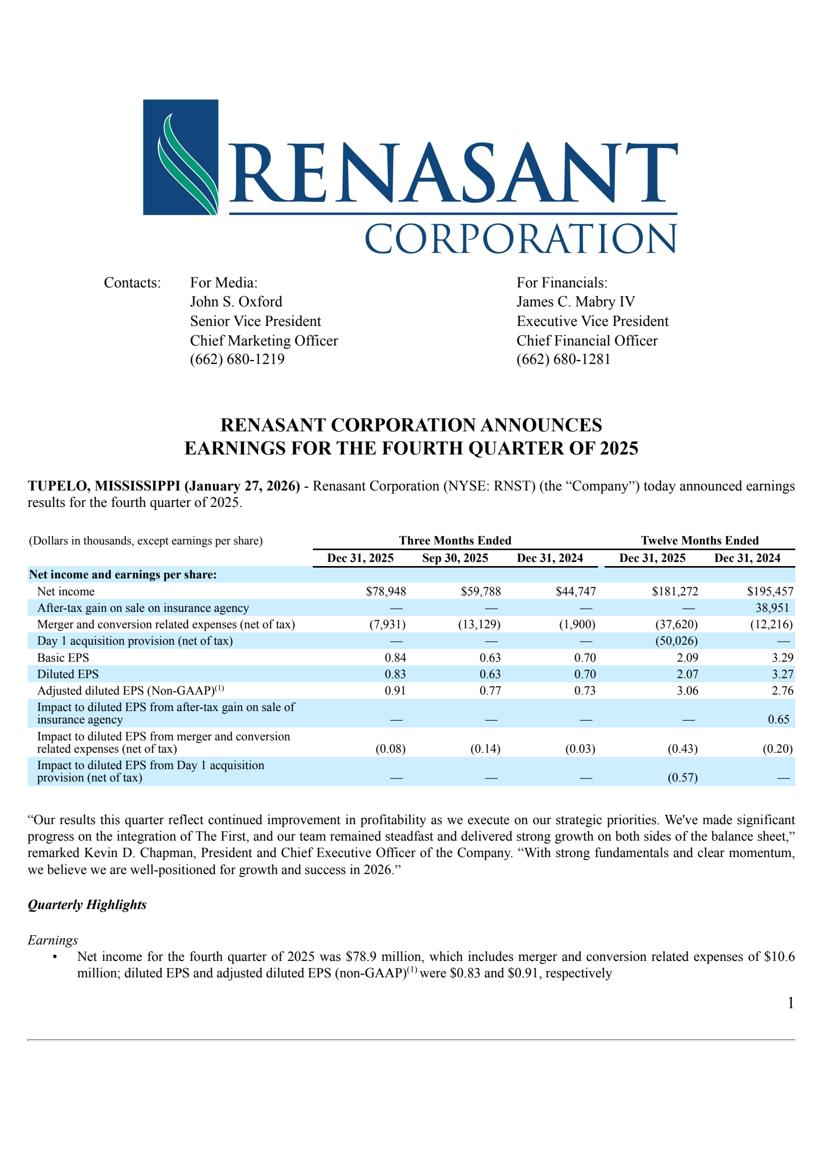 Renasant's Q4 2025 Press Release