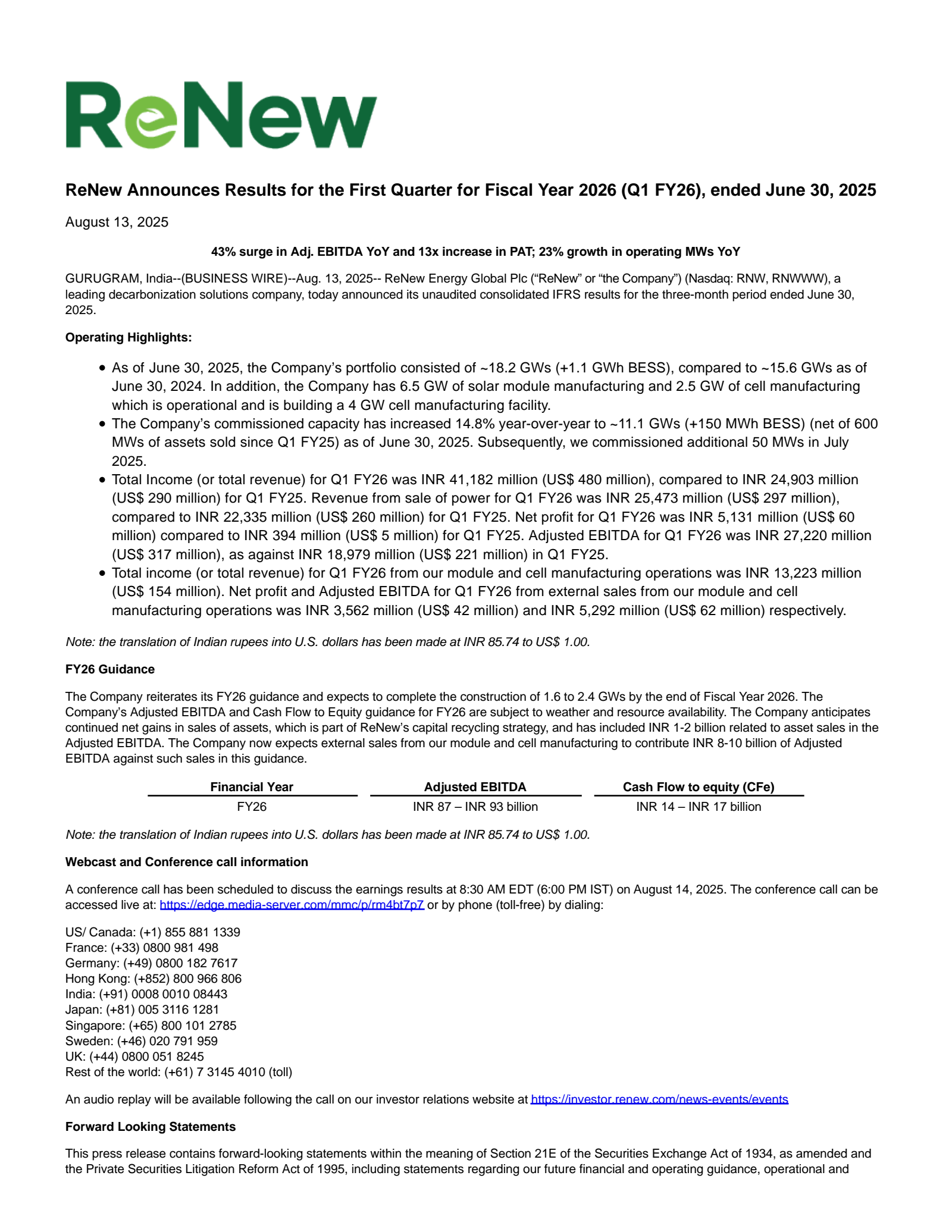 ReNew Energy Global's Q1 2026 Press Release