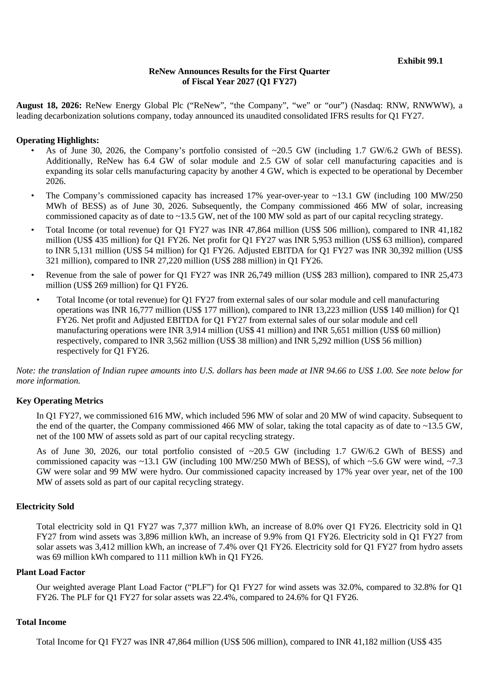 ReNew Energy Global's Q1 2027 Press Release