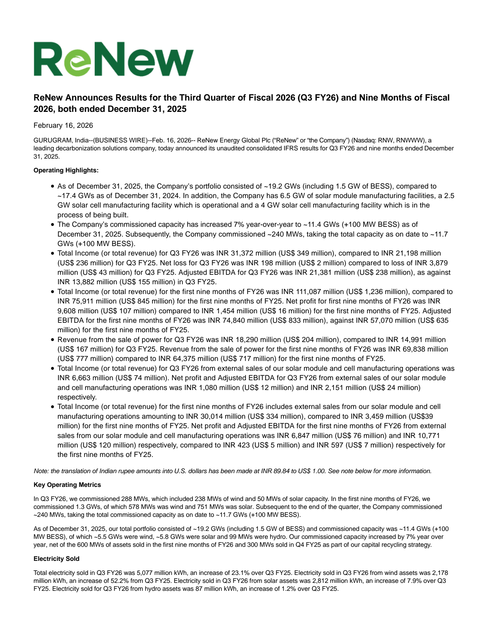 ReNew Energy Global's Q3 2026 Press Release