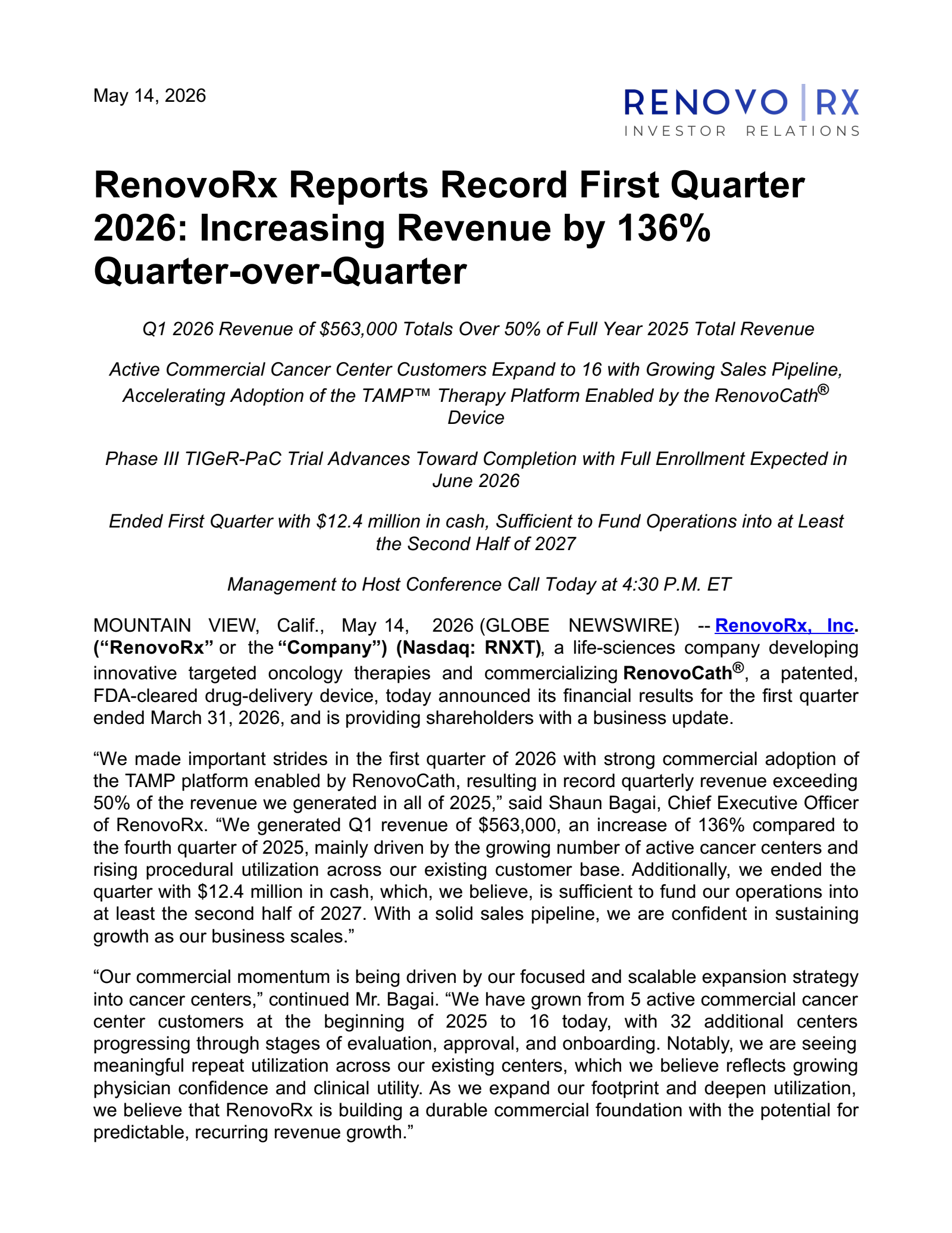 RenovoRx's Q1 2026 Press Release