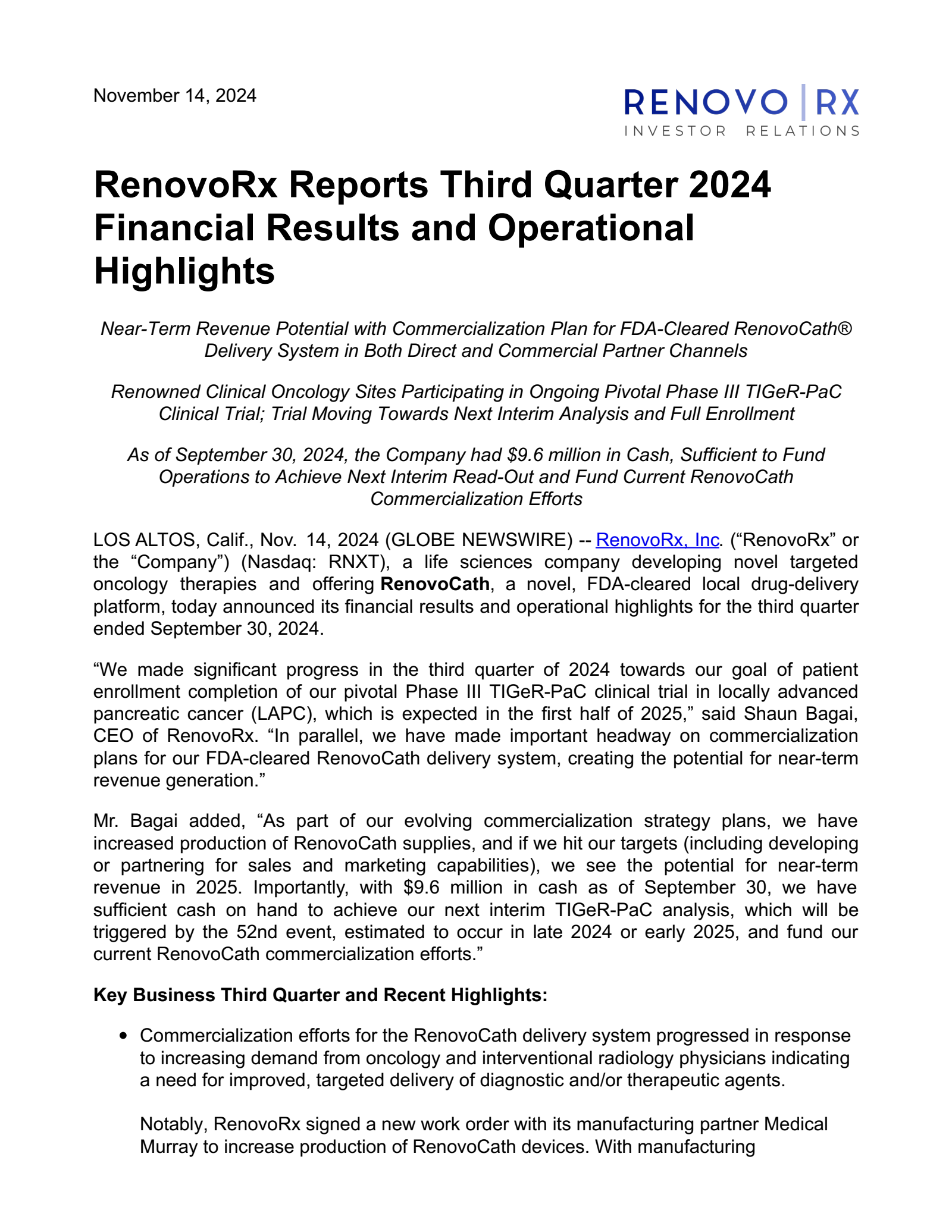 RenovoRx's Q2 2024 Press Release