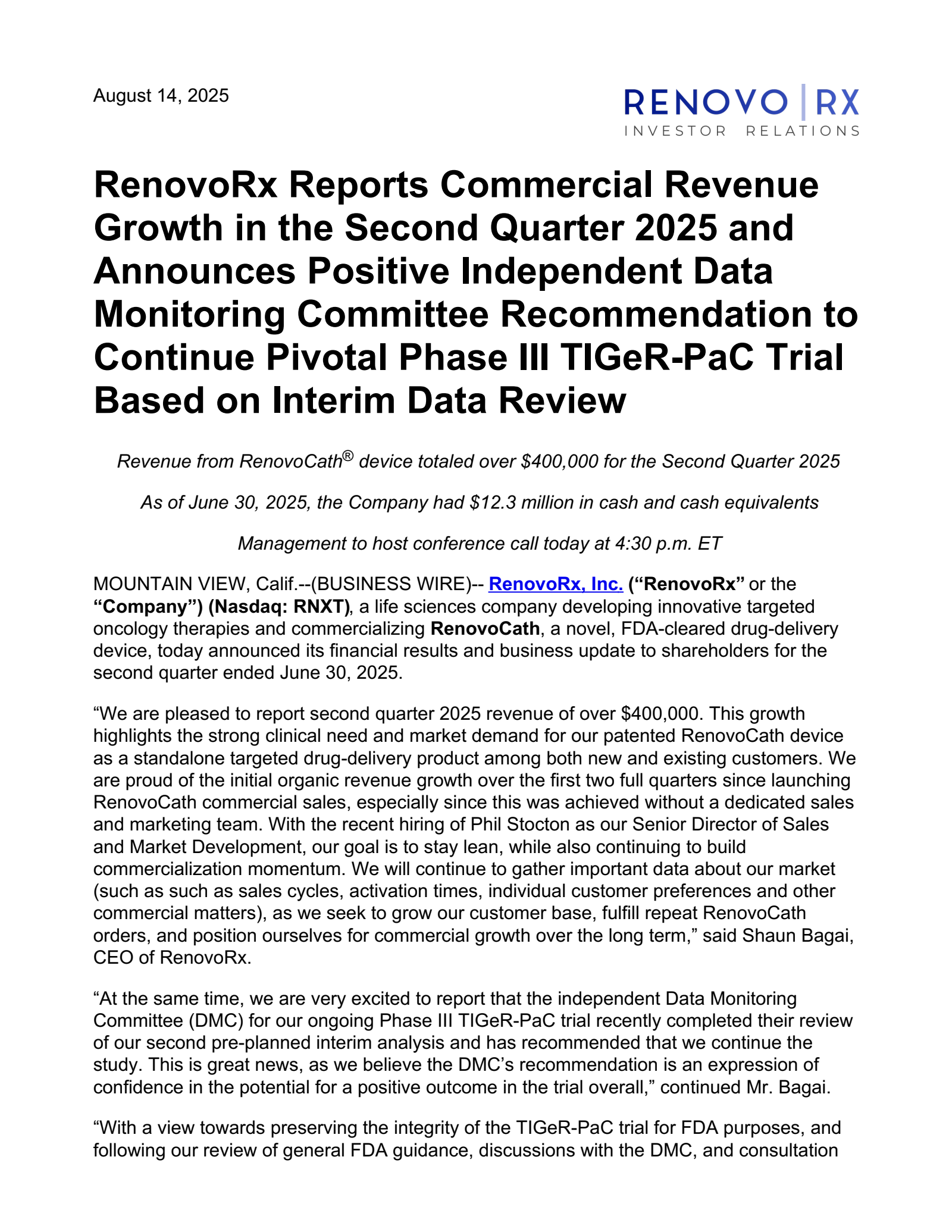 RenovoRx's Q2 2025 Press Release