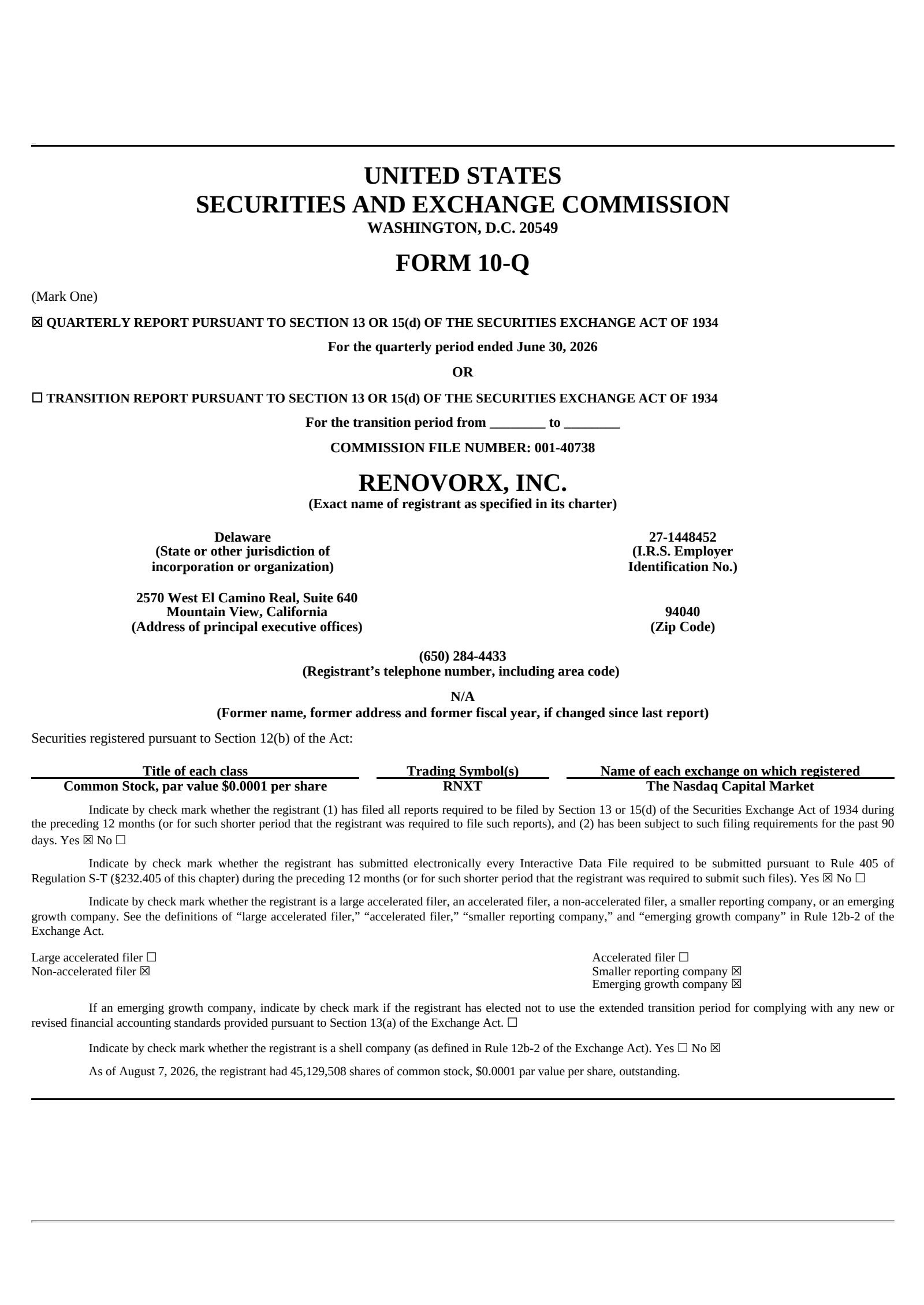 RenovoRx's Q2 2026 Quarterly report