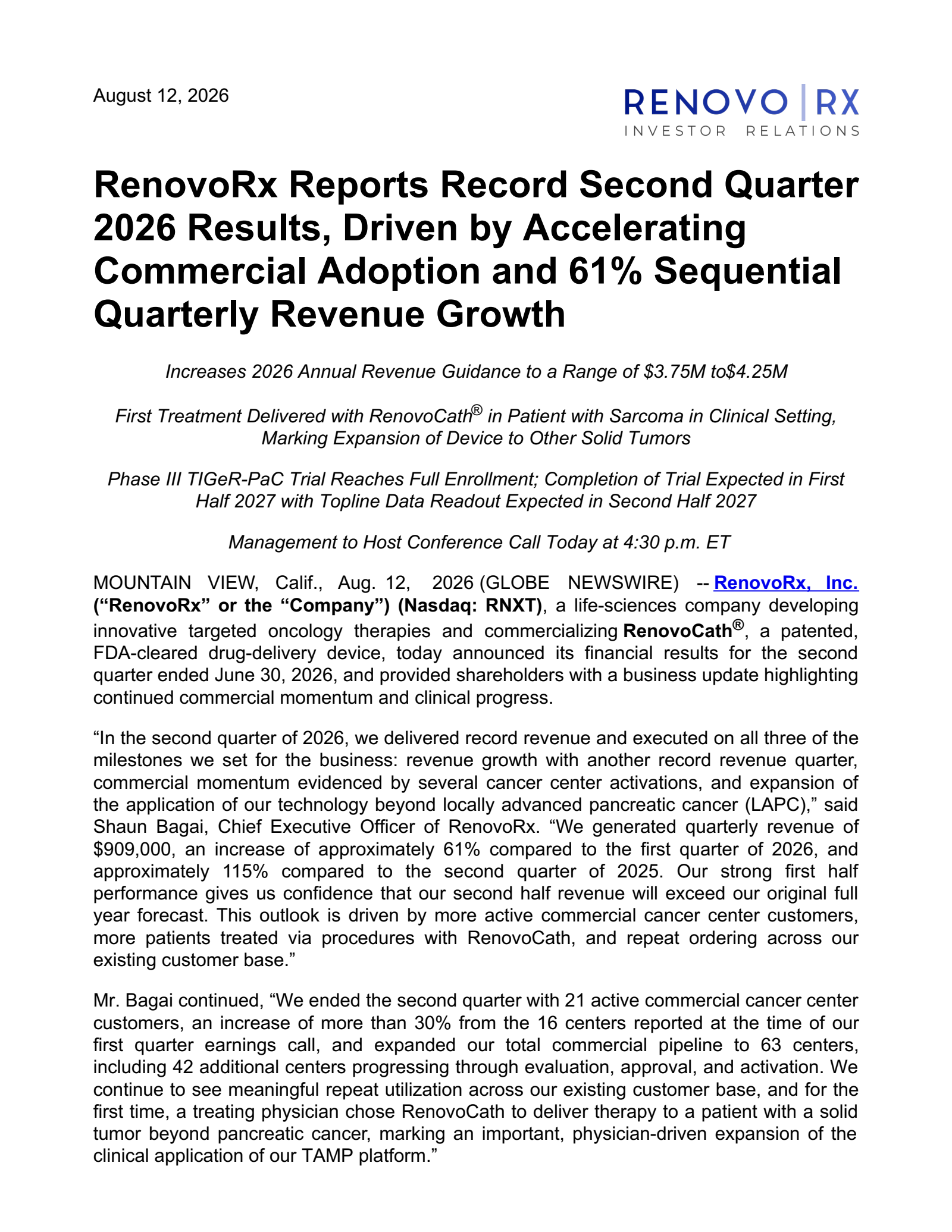 RenovoRx's Q2 2026 Press Release