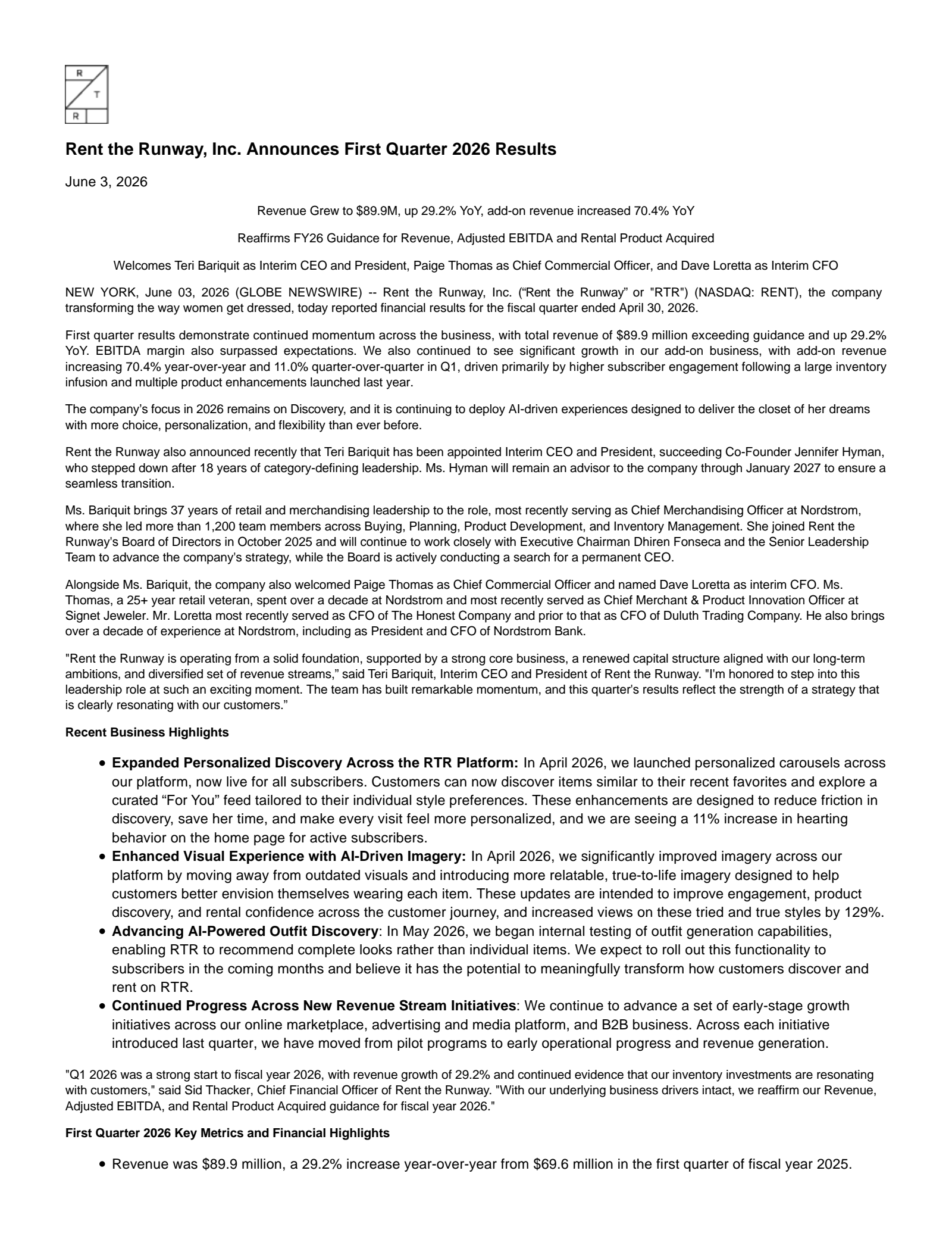 Rent the Runway's Q1 2027 Press Release