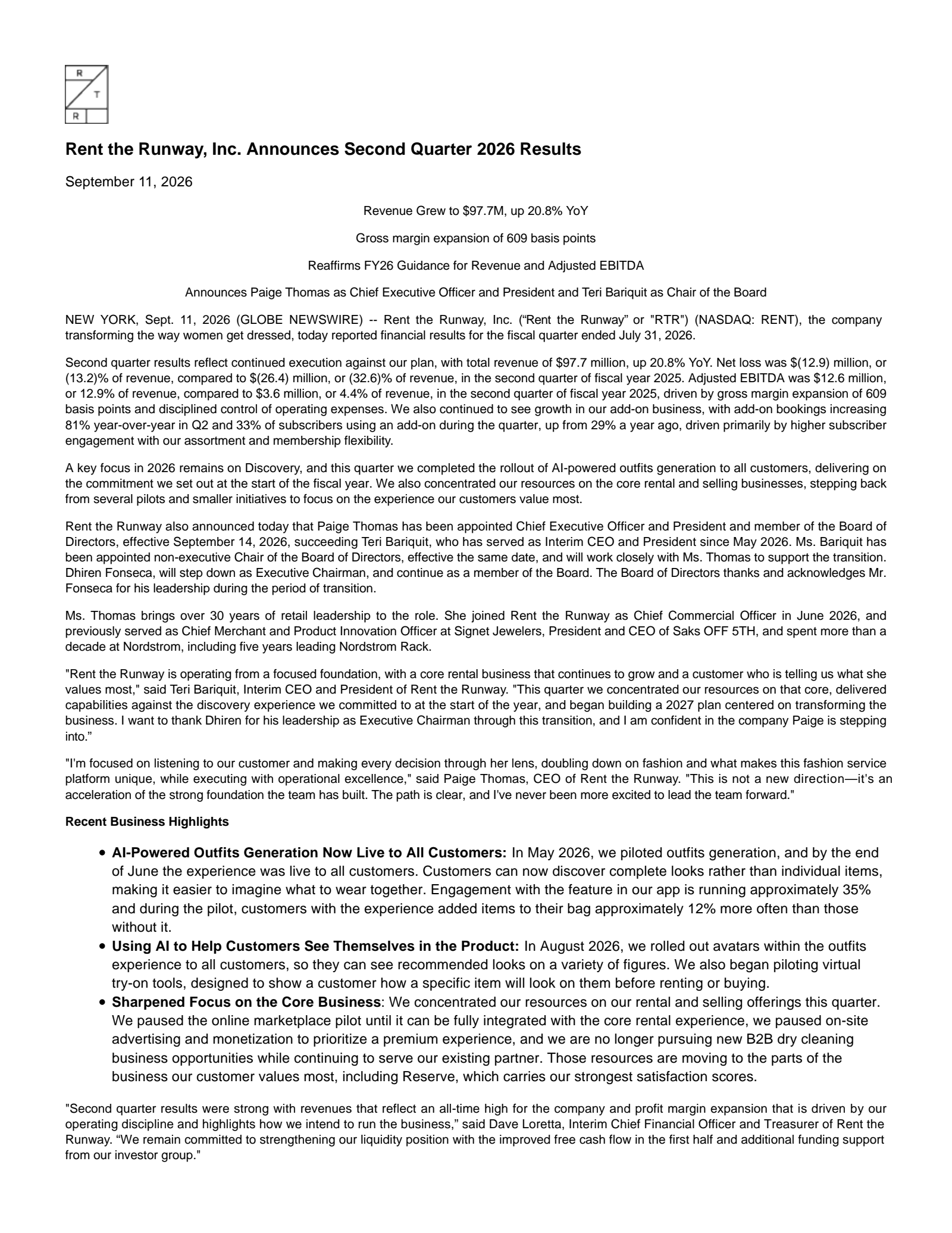 Rent the Runway's Q2 2027 Press Release
