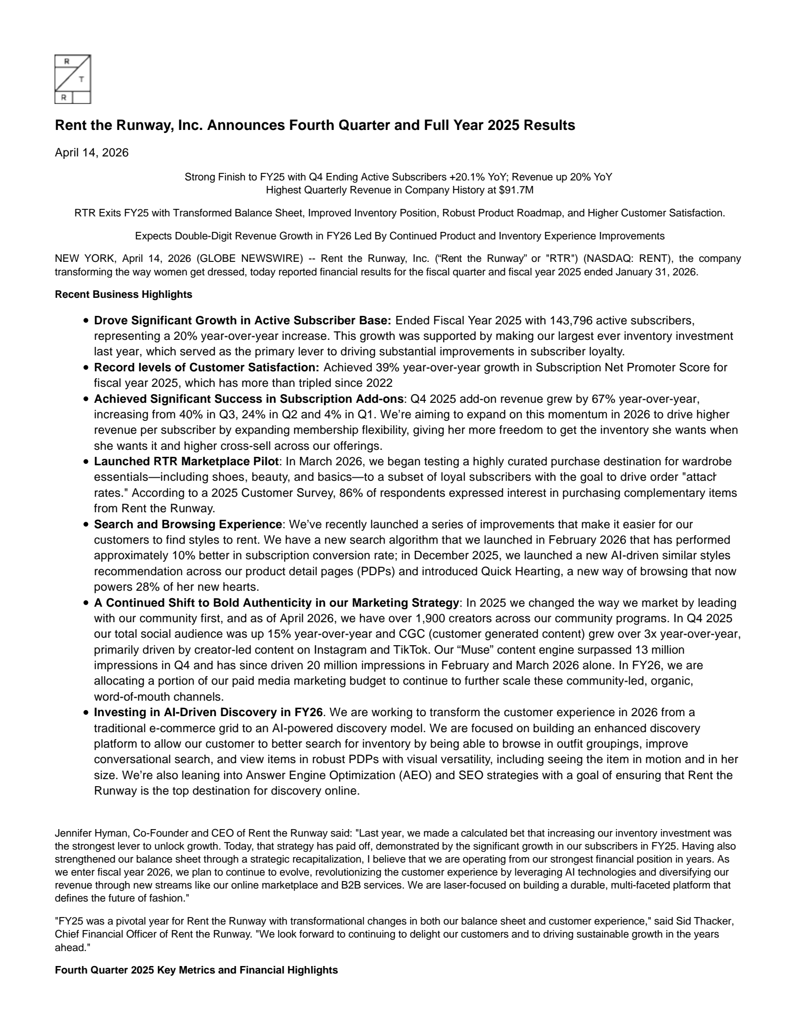 Rent the Runway's Q4 2026 Press Release
