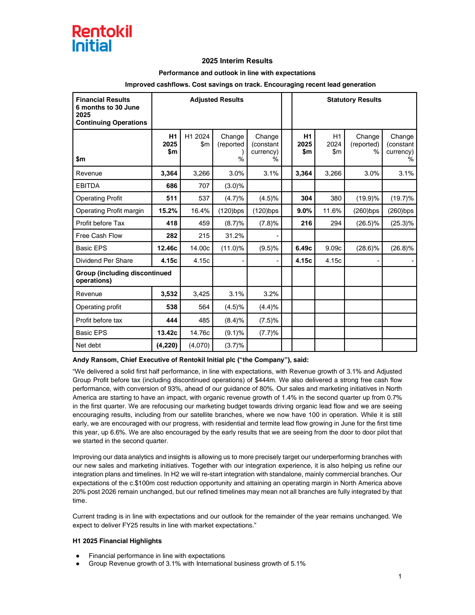 Rentokil Initial's H1 2025 Interim report