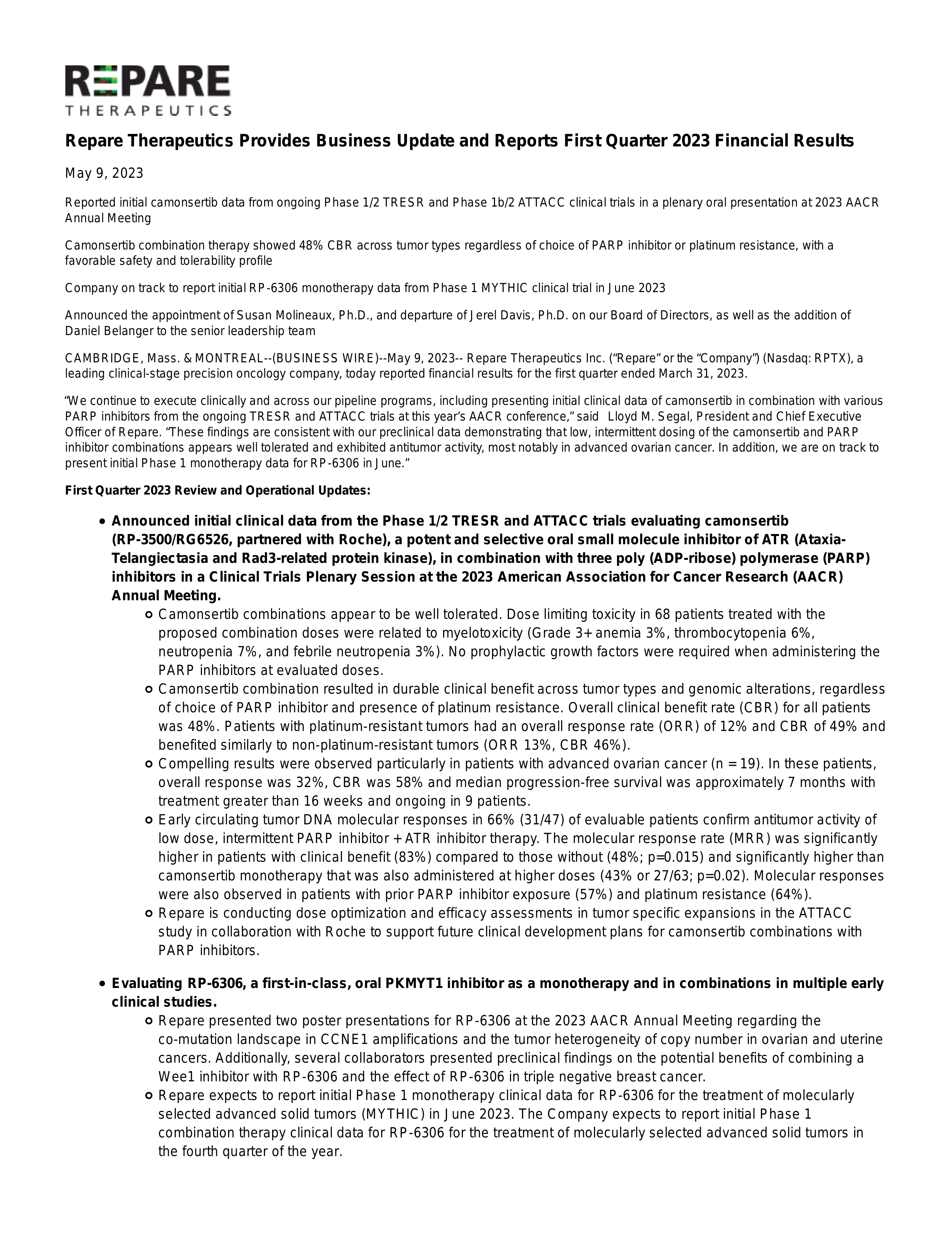 Repare Therapeutics' Q1 2023 Press Release