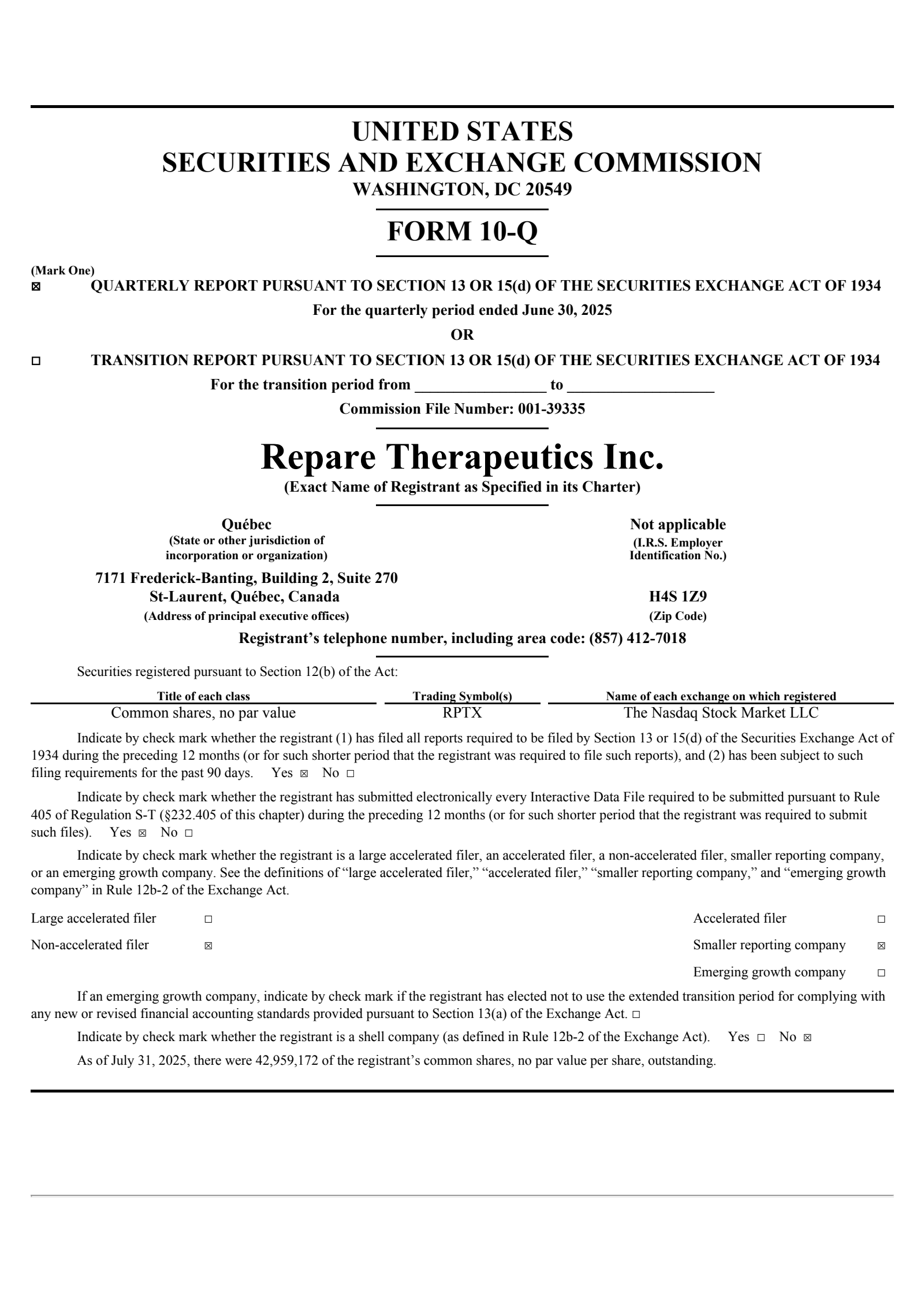 Repare Therapeutics' Q2 2025 Quarterly report
