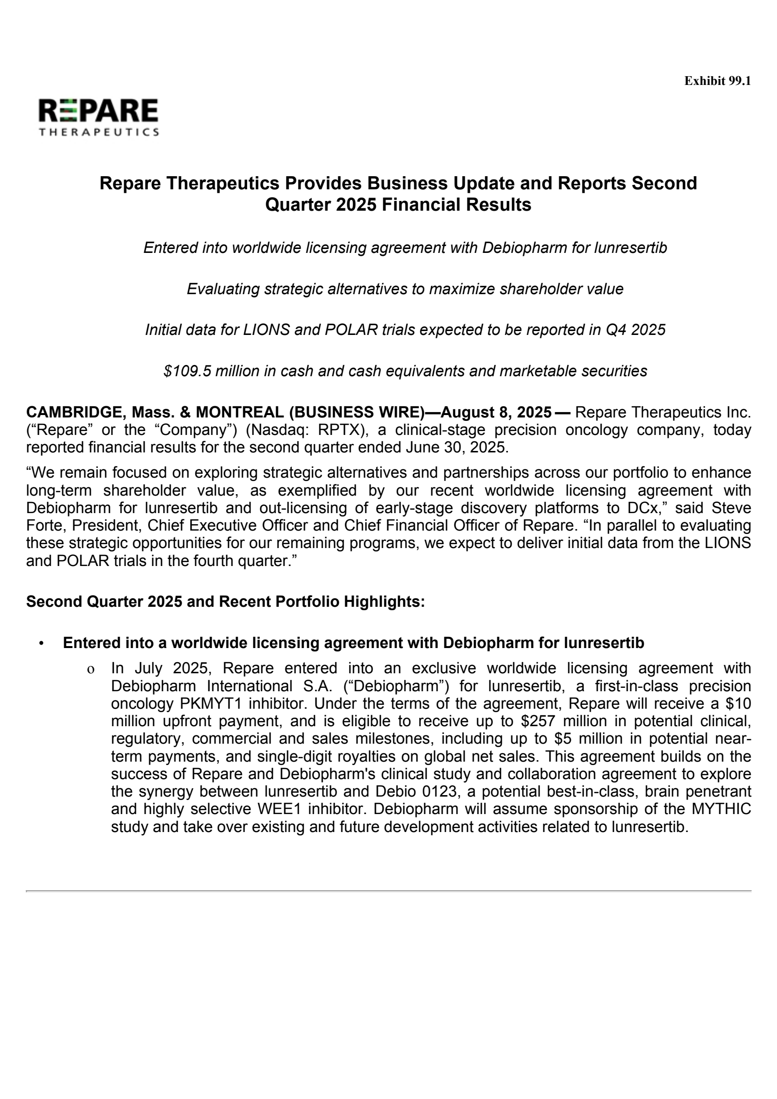 Repare Therapeutics' Q2 2025 Press Release