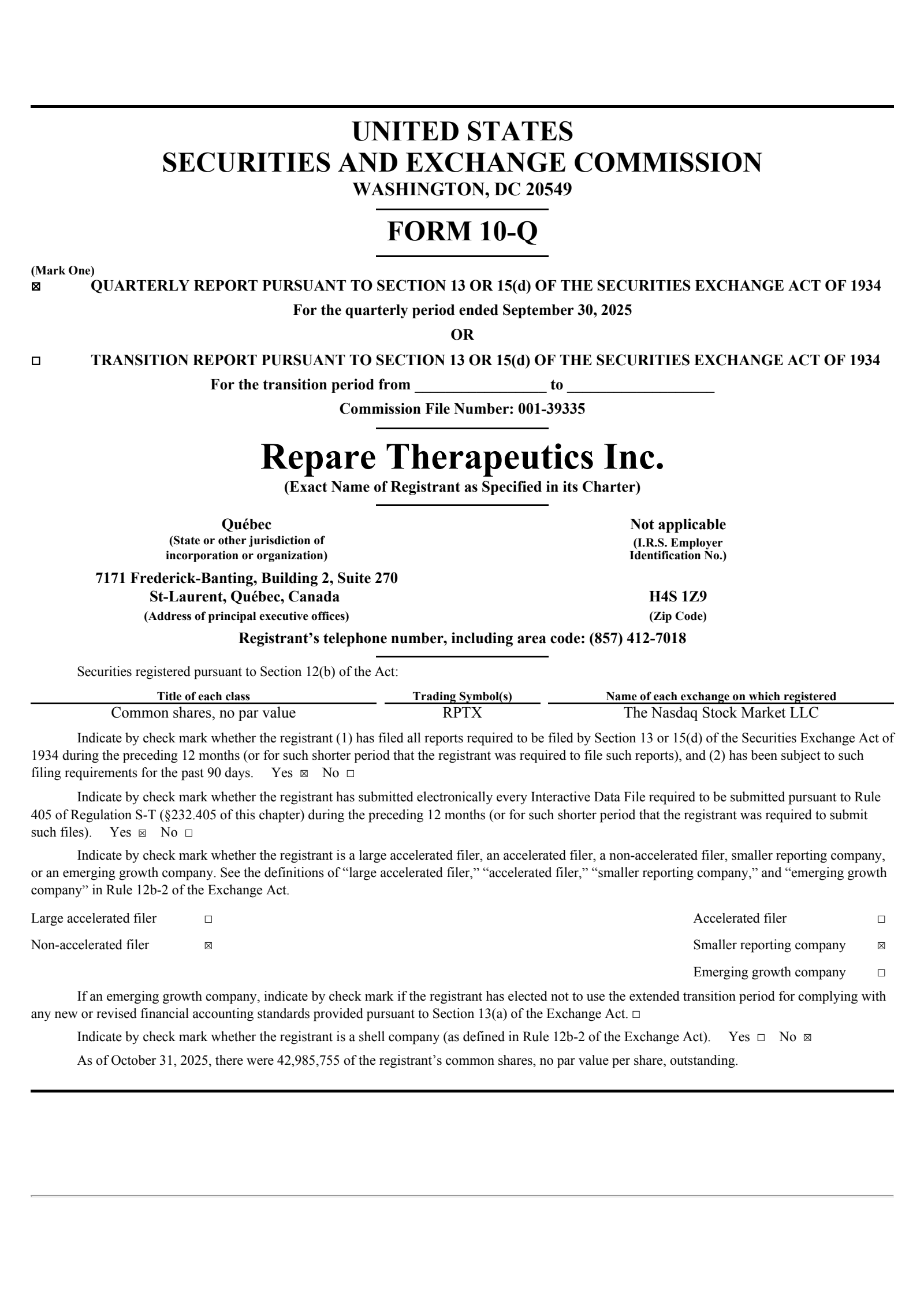 Repare Therapeutics' Q3 2025 Quarterly Report