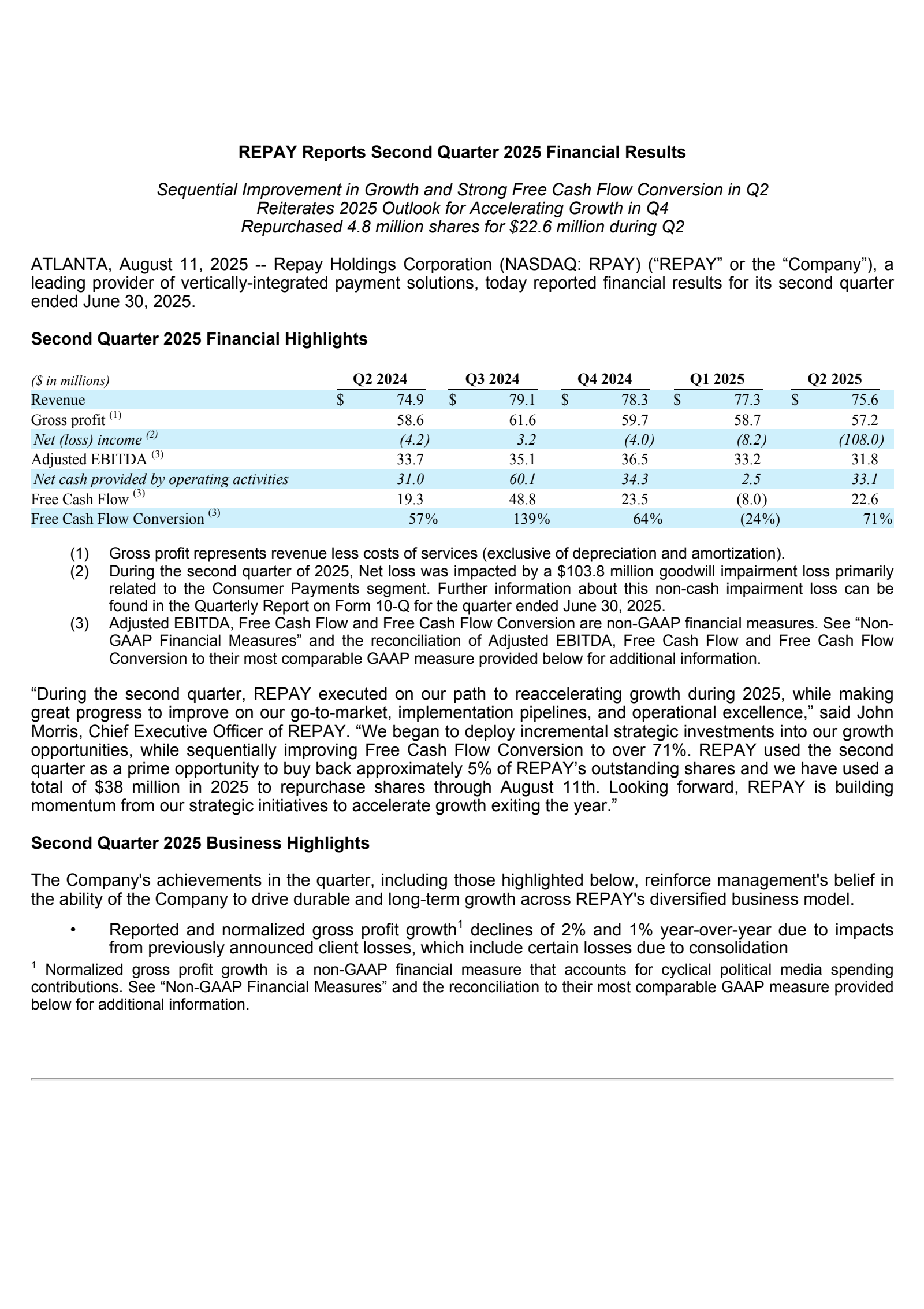 Repay's Q2 2025 Press Release