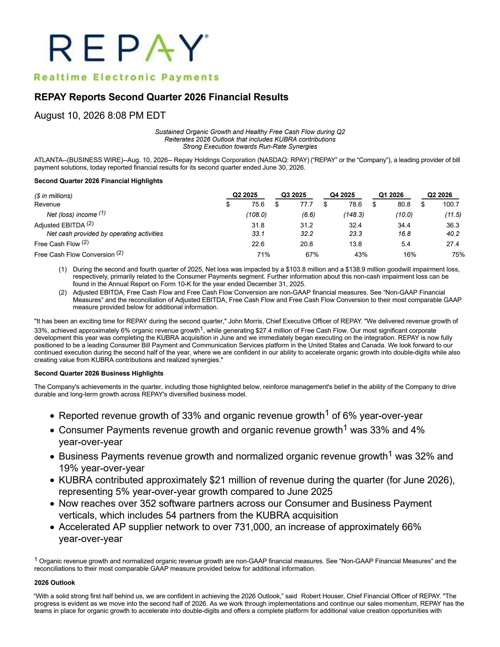 Repay's Q2 2026 Press Release