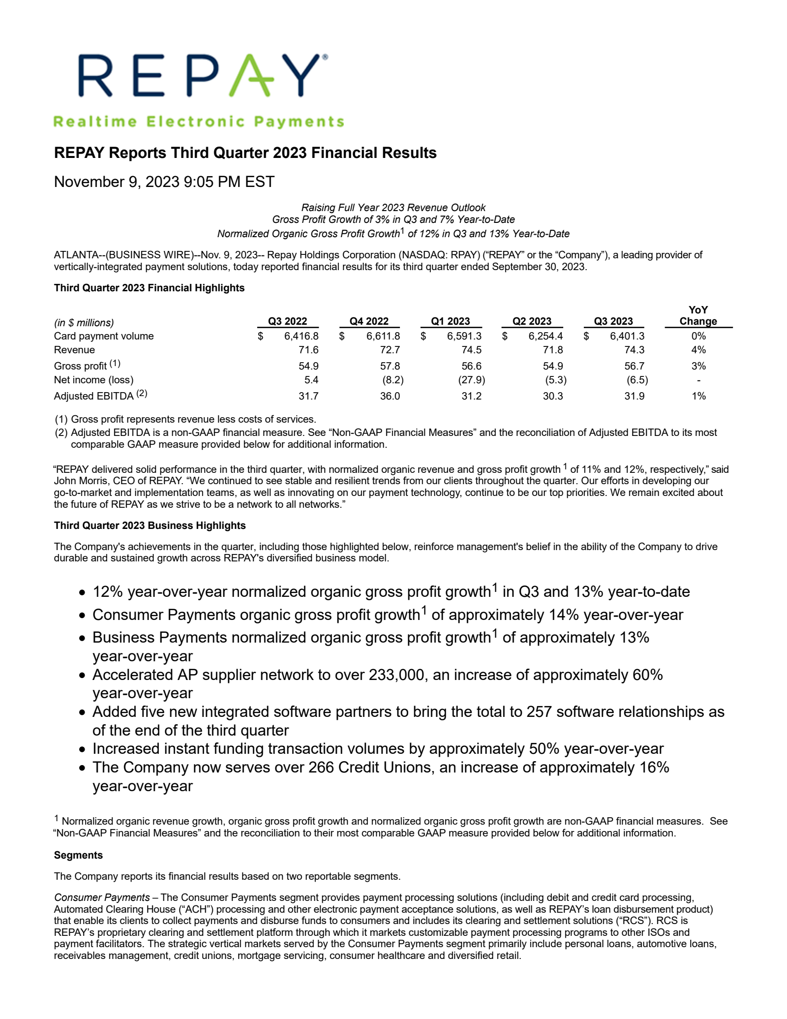 Repay's Q3 2023 Press Release