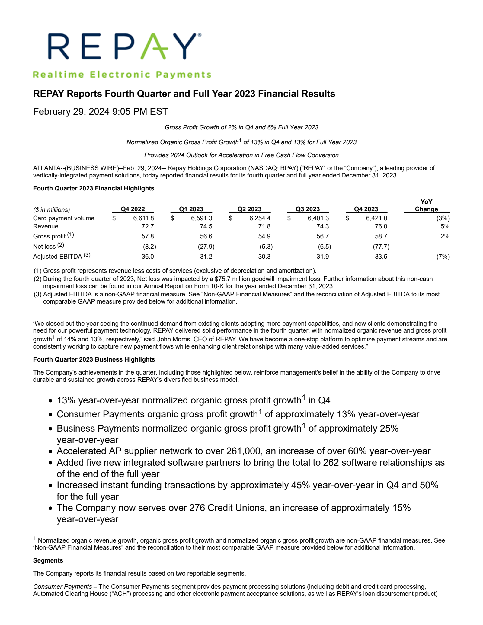 Repay's Q4 2023 Press Release