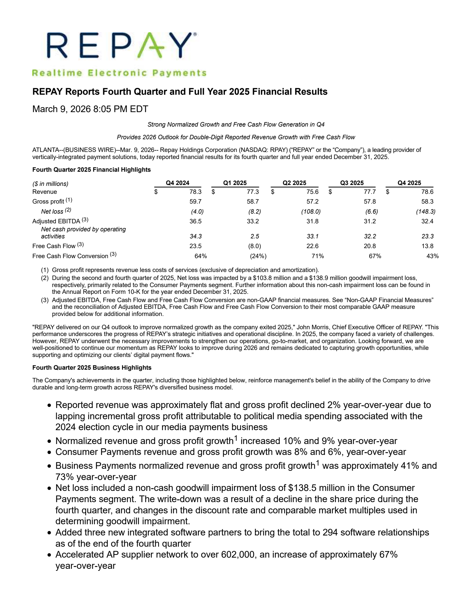 Repay's Q4 2025 Press Release