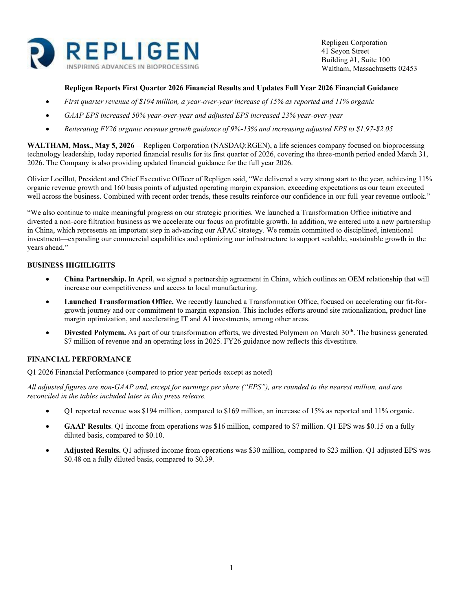 Repligen's Q1 2026 Press Release