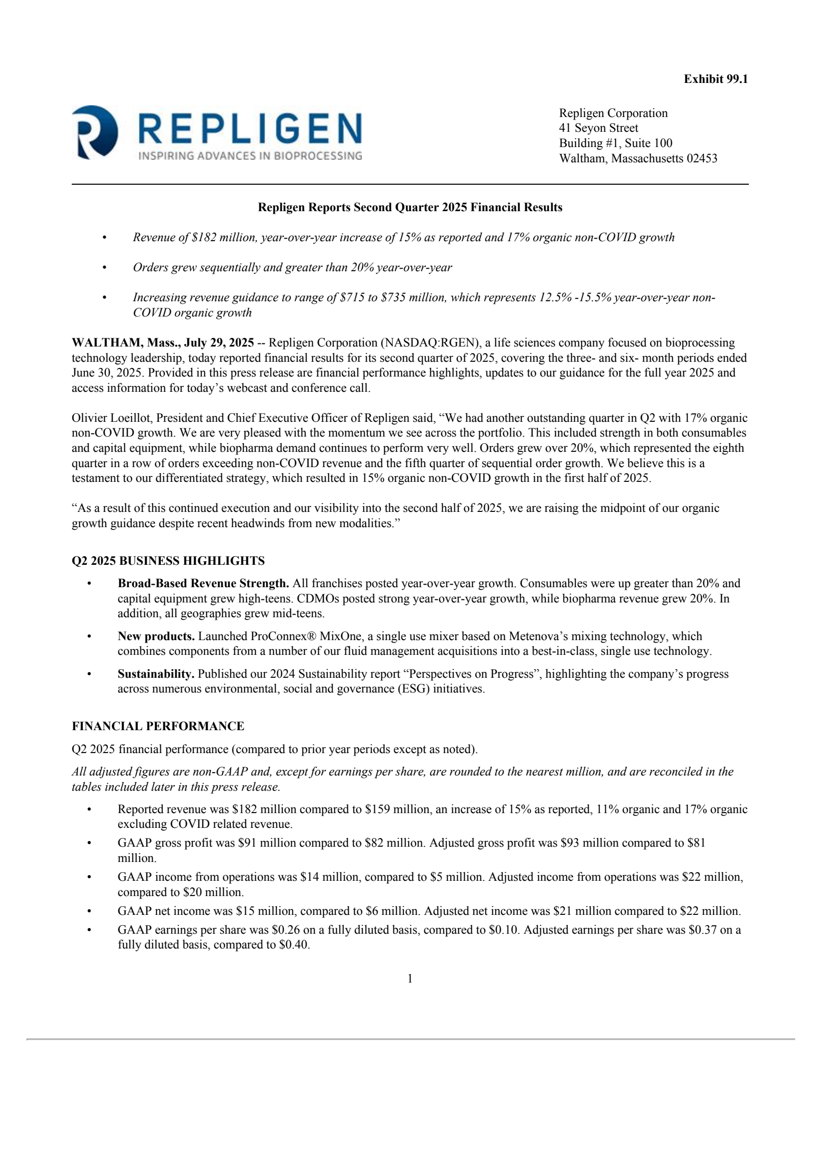 Repligen's Q2 2025 Press Release